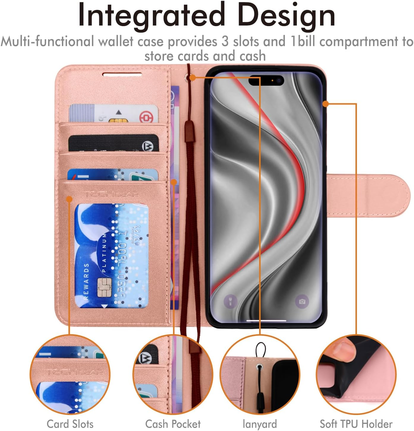 TECHGEAR Iphone 17 Pro Max Leather Wallet Case with RFID Blocking, Flip Cover with Card Holder, Kickstand, Wrist Strap, Magnetic Closure - Rose Gold PU Leather for Iphone 17 Pro Max 6.9" - Green image number 7