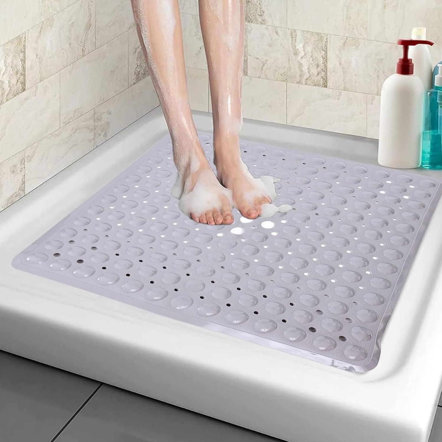 Square Shower Mat Non Slip anti Mould - 53 X 53Cm/21 X 21Inch anti Slip Shower Mat with Suction Cup, Antibacterial Rubber Bathtub Mat with Drain Holes, Machine Washable (Grey)