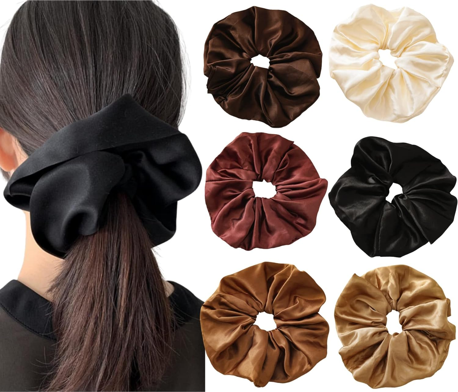Big Satin Scrunchies for Women, XL Oversized Hair Scrunchies for Thick Hair, Extra Large Soft Silk Pillow Scrunchy, Jumbo Hair Tie for Curly Hair Buns Ponytails, 6 Pack(M) image number 3