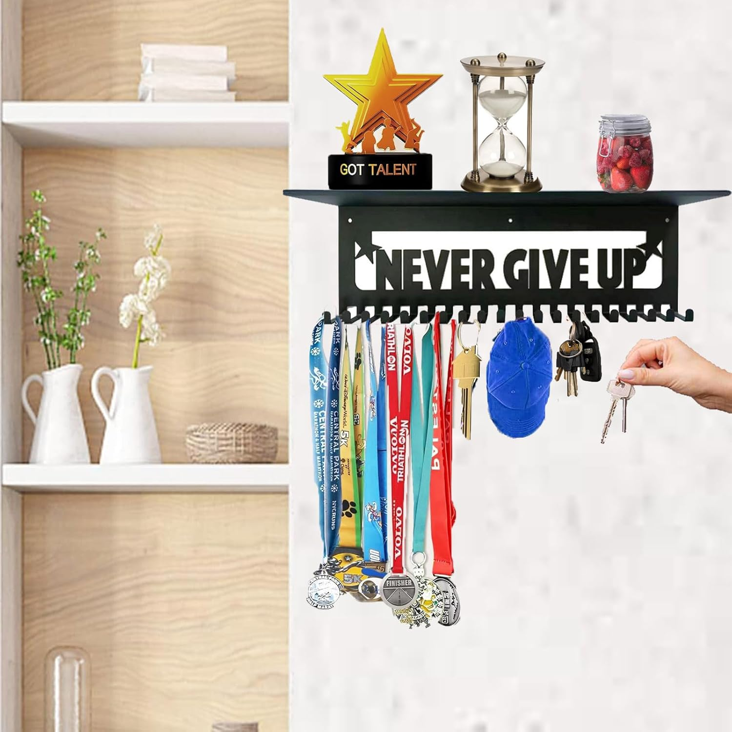 Medal Hanger Display,Trophy Shelf Medal Display Holder with 20 Hooks,Metal Awards Rack for Walls Holds,Race Medal Display Upgraded Medal Holder Display for Gymanstics,Soccer,Swim,Run