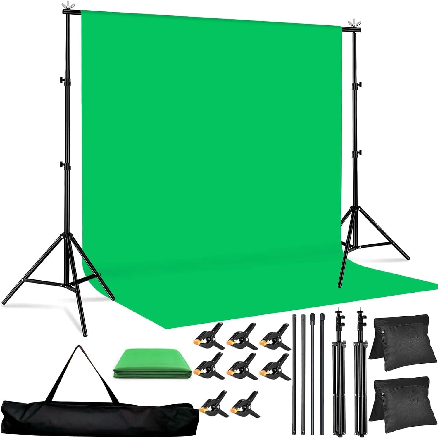 Backdrop Stand, 3X2M Adjustable Background Support Kit, Green Screen with 4 Crossbars, 8 Clamps, 2 Sandbags and Carrying Bag,For Parties, Video Streaming, Events Decoration, Wedding (Green-2&times;3M) image number 5