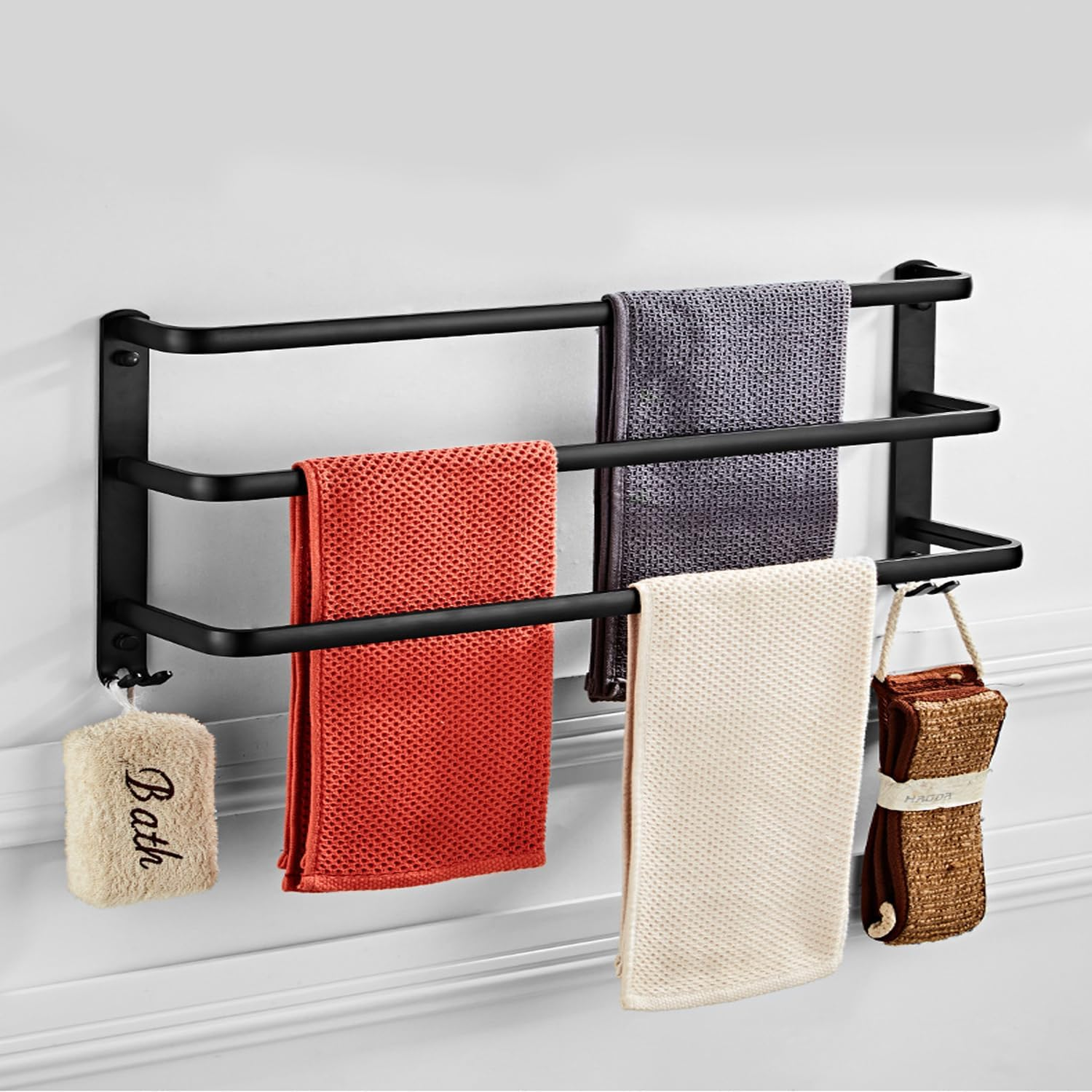 Towel Rack 60CM, Towel Rail Wall Mounted 3-Tier,Towel Rods with 2 Hooks, Bathroom Towel Holder Black Towel Bar, Modern Home Decor Bathroom Towel Rack, Frosted Black image number 5