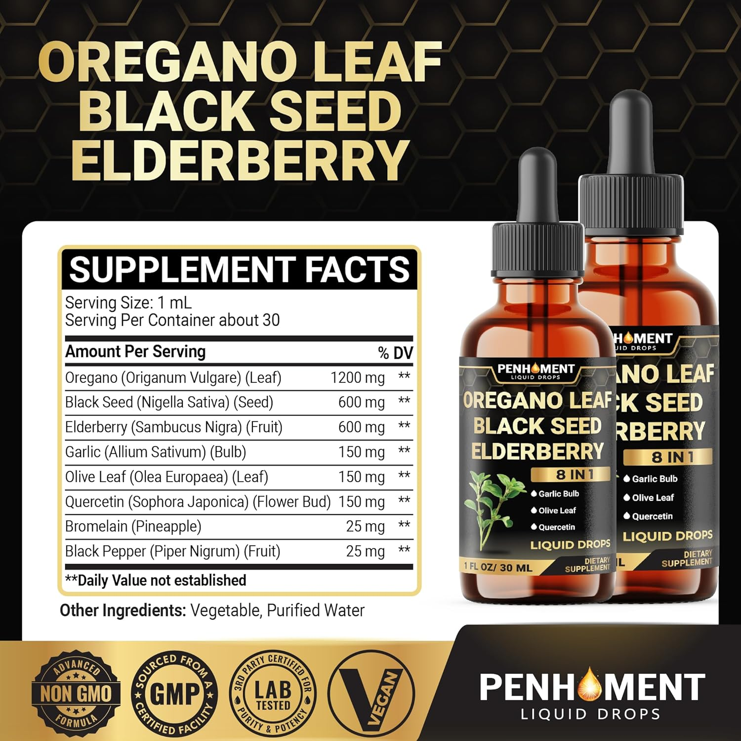 PENHOMENT 8In1 Oregano Oil Liquid Drops with Black Seed Oil, Garlic, Elderberry, Olive Leaf, Quercetin, Bromelain & Black Pepper - 2 Packs of 1 Fl Oz image number 3