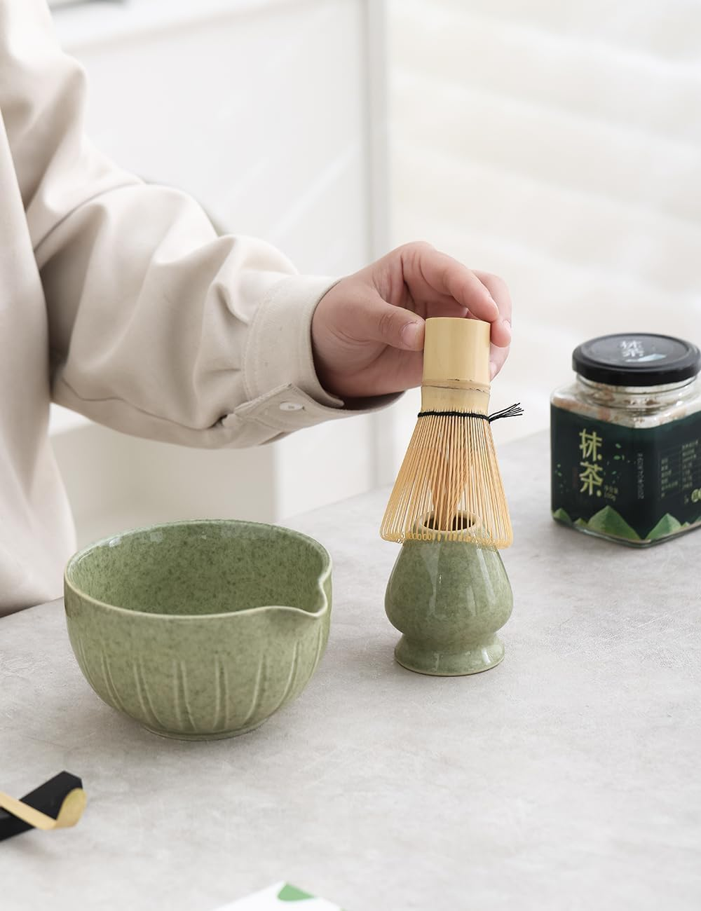 CIVPOWER Matcha Set - Bowl with Spout and Whisk, 15 OZ, Scoop | Whisk Stand (Chasen Holder) - 4Pc Perfect Matcha Kit Mottled Green image number 5