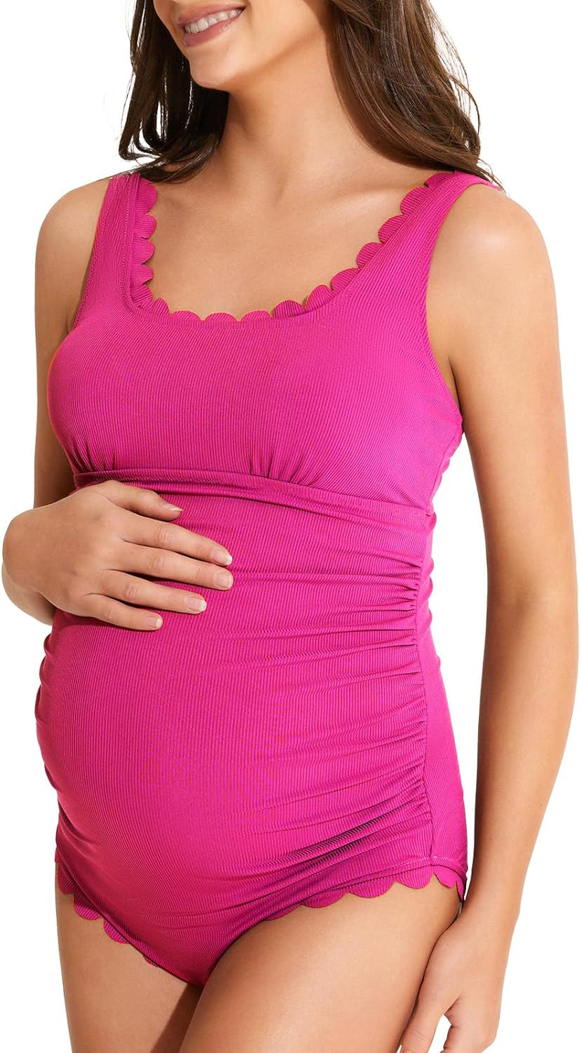 Summer Mae Scalloped Maternity Swimsuit One Piece Ribbed Maternity Bathing Suit Cutout Ruched Pregnancy Swimwear Tie Back