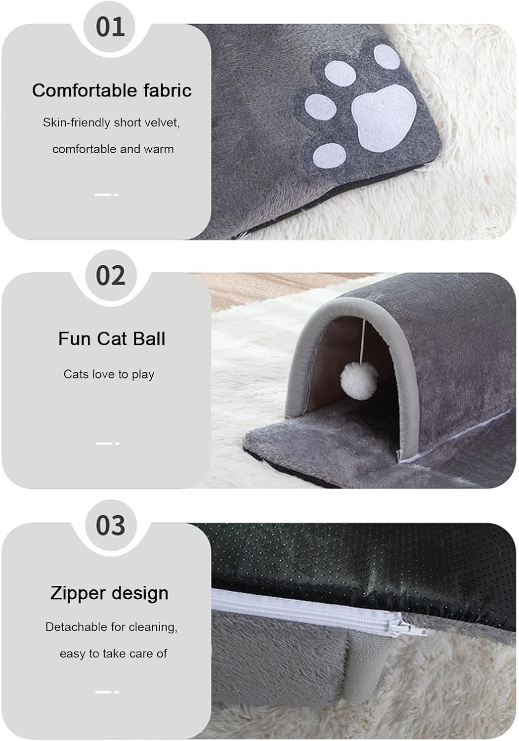 Cat Tunnel Bed, Cat Tube Toy, Cat Bed Tunnel and Mat, Portable Tunnel Bed, Velvet and Sponge Pet Cave Bed for Cat, Guinea Pigs, Dog, Rabbits, Small image number 6