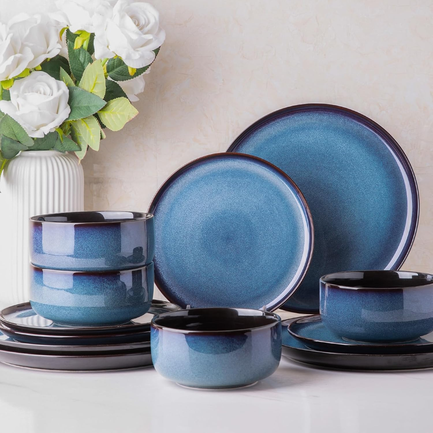 LERATIO Ceramic Dinnerware Sets for 4,16-Piecereactive Glaze Plates and Bowls Set with Mugs,Highly Chip and Crack Resistant | Dishwasher,Microwave & Oven Safe Dishes Set-Blue