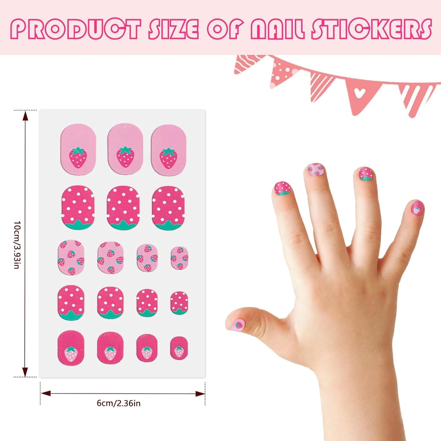 PQCLXUYA 10 Pcs Colorful Kid Nail Stickers Full Nail Wraps for Kids Girls 3D Self Adhesive Nail Strips Including Rainbow Cat Rabbit Flower Strawberry Heart Sun with 2Pcs Nail Files for Age 8 and Older