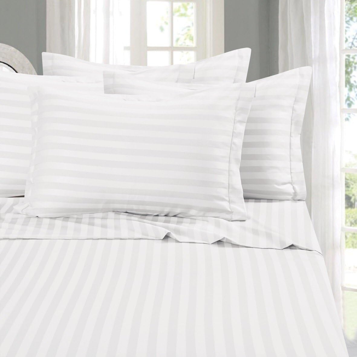 Elegant Comfort Wrinkle & Fade Resistant 1500 Thread Count - Damask Stripes Egyptian Quality Luxurious Silky Soft 4-Piece Sheet Set, up to 16" Deep Pocket, King, White image number 3