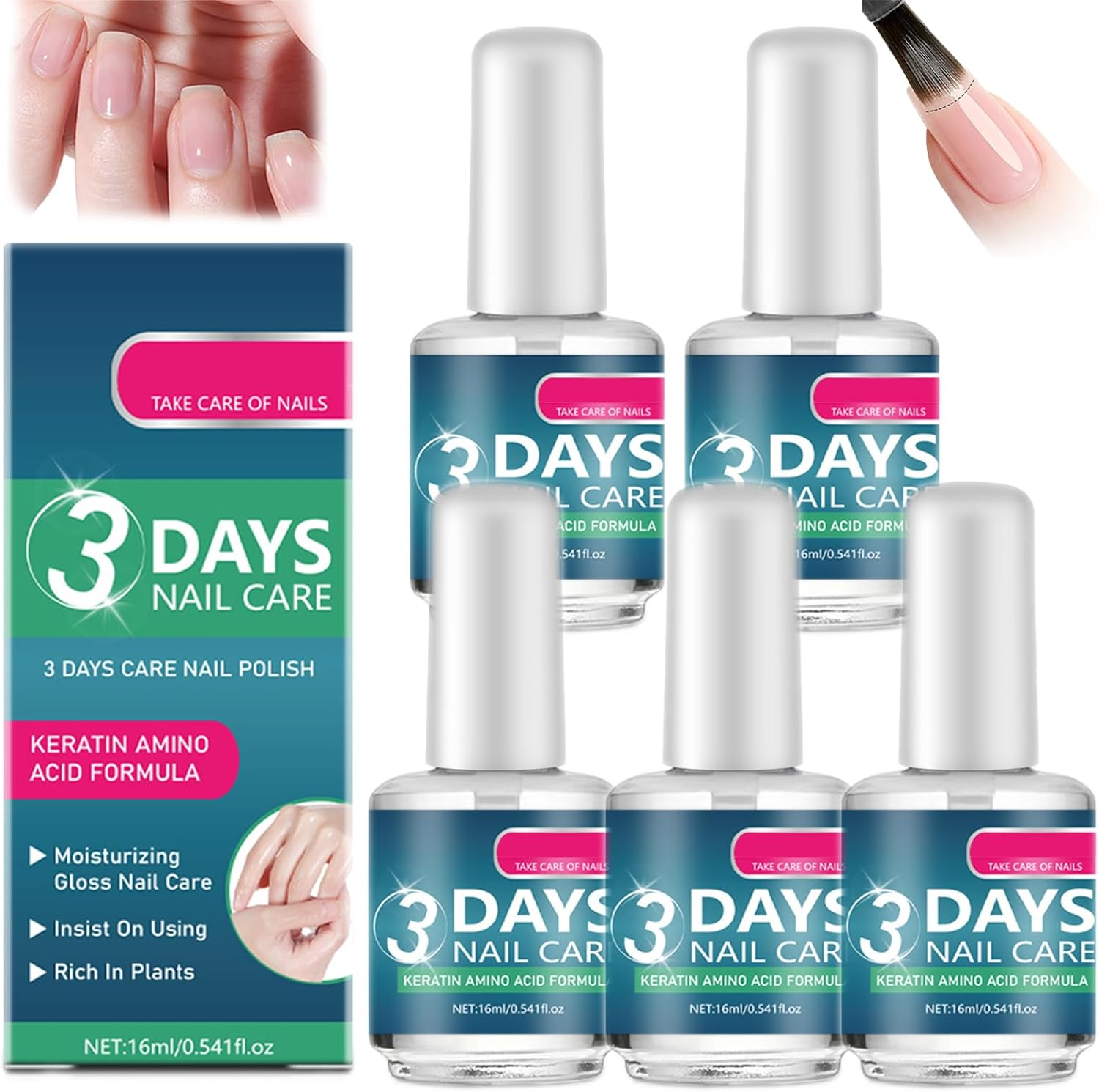 3 Days Nail Care,Keratin Amino Acid Formula Nail Strengthener for Weak & Damaged Nails,16Ml Growth Serum & Clear Polish Treatment Promotes Strength and Flexibility (2PCS)