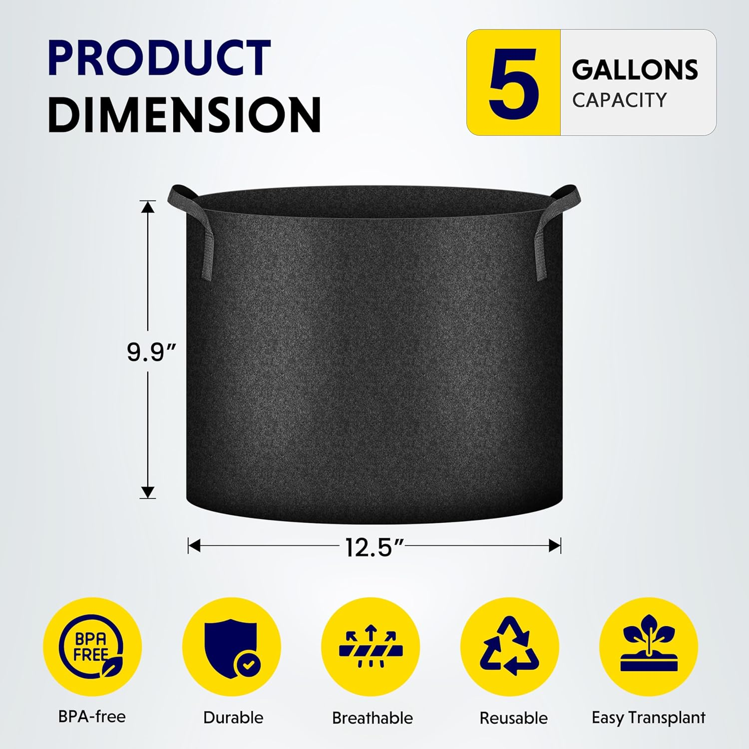 Ipower 5 Gallon 5 Pack Grow Bags Nonwoven Fabric Pots Aeration Container with Strap Handles for Garden and Planting, 5-Pack Black, 5 Gallon image number 5