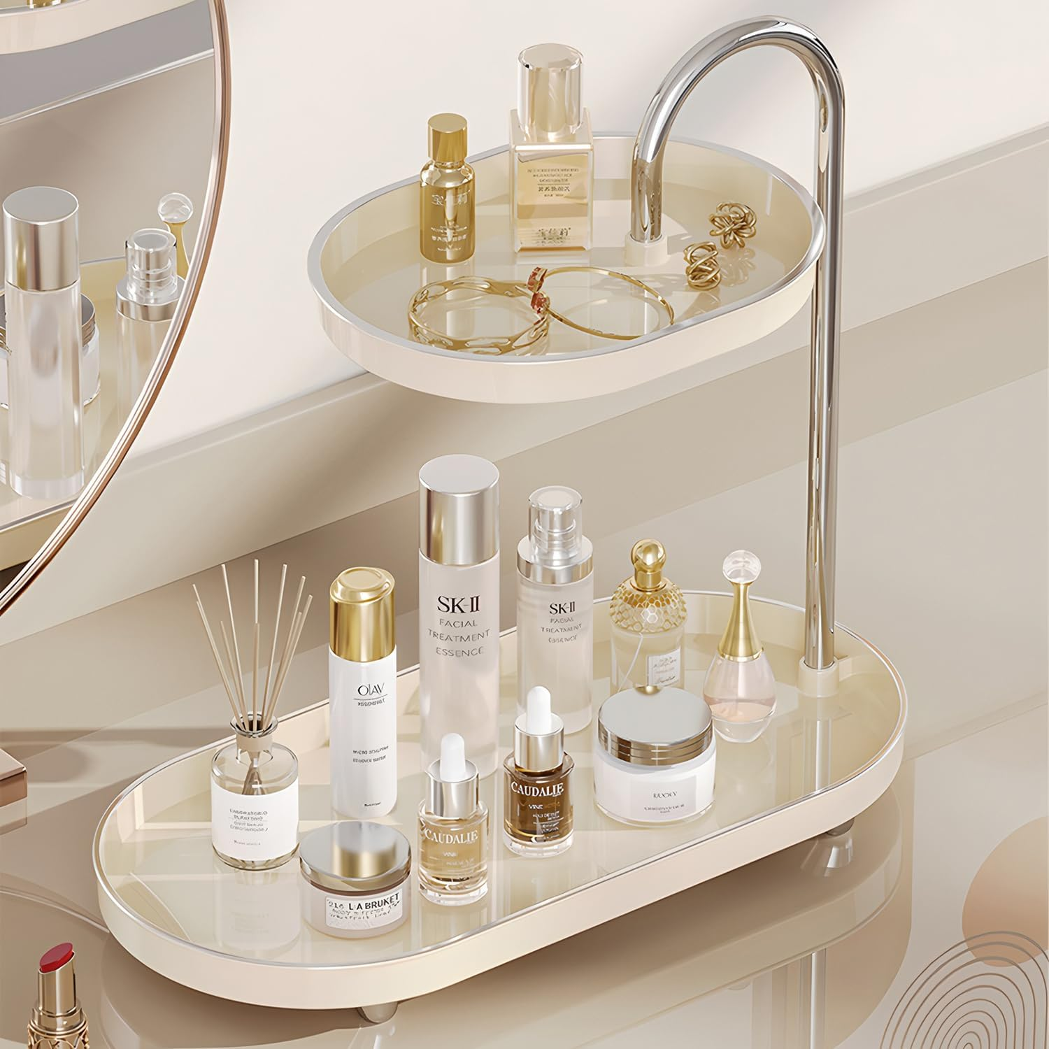 Makeup Perfume Storage Box,Spinning Skincare Cosmetic Organiser 2 Tier Large Beauty Spinny Make up Storage Organiser Shelf for Perfume, Jewellery, Dresser, Vanity, Bedroom, Bathroom (Cream White) - Black image number 4