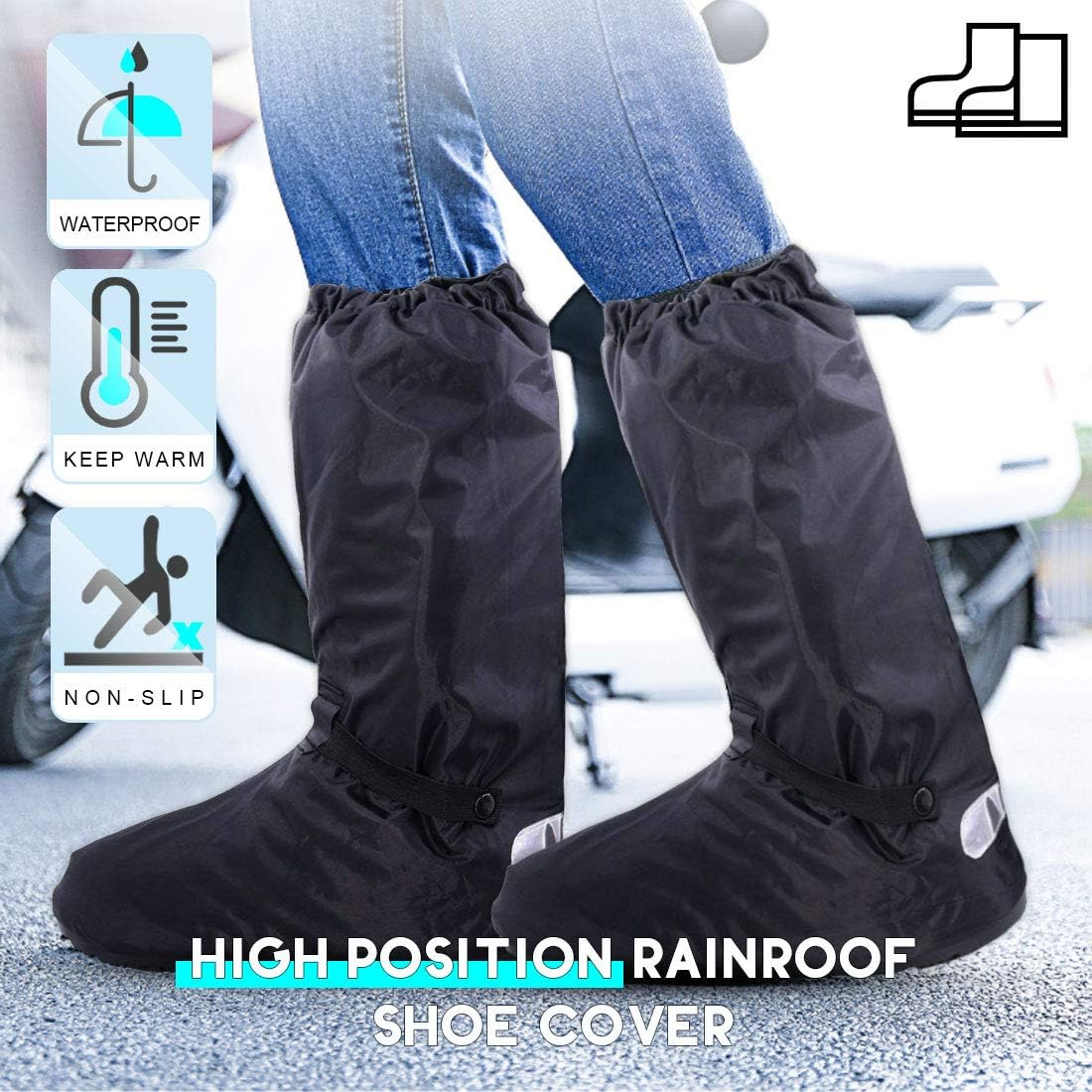 Hilitchi Black Men Waterproof Rainstorm Rainy Day Rain Suit Raingear Motorcycle Outdoor Protective Gear Rain Boot Shoe Cover Zipper US 10 11 Euro 44 45 Black image number 4