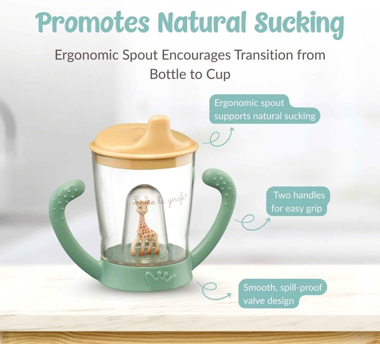 Sophie La Girafe Baby Teether and Non-Spill Cup with Lid, Ergonomic Spout Encourages Natural Sucking, Cup Made of ABS Plastic, BPA and Phthalates Free, Two Handles for Good Grip image number 4