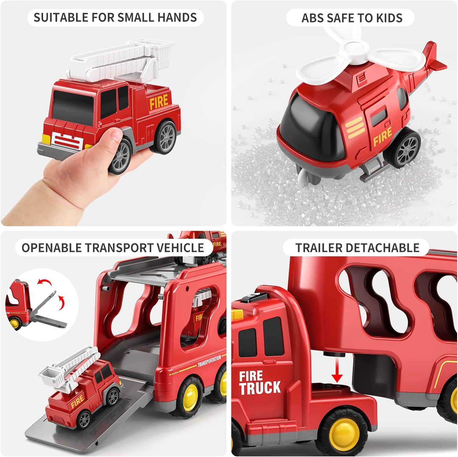 TEMI Fire Truck Toys for 2 3 4 5 6 Years Old Boys Girls - 5 in 1 Carrier Truck Transport for Toddlers 1-3, Friction Power Fire Engine Toys for Kids 3-5, Christmas Birthday Gifts image number 6