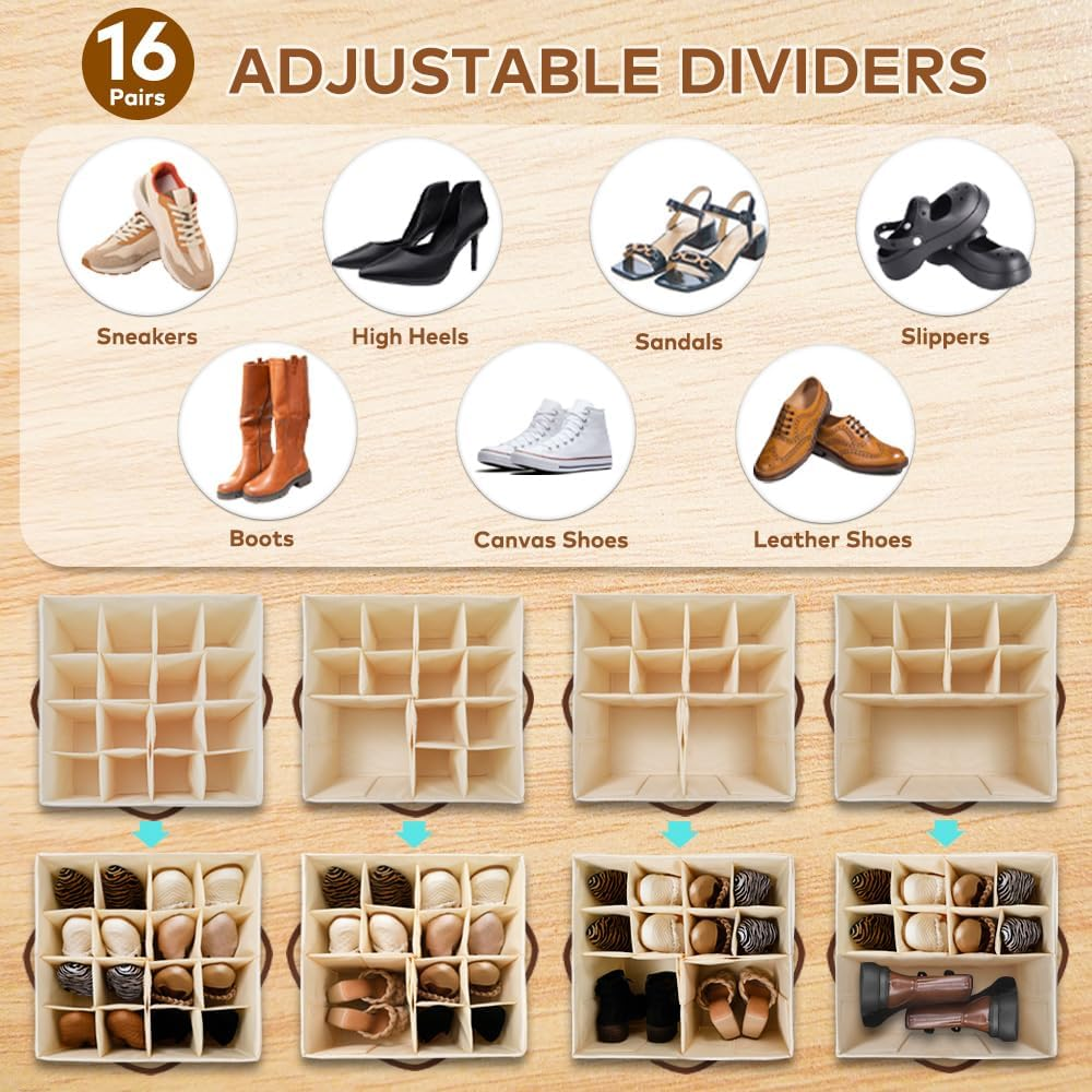 Shoe Storage Box with 16 Bags, TINY SPARK Foldable & Adjustable Organiser with Clear Cover and Leather Handles, Fits 8-16 Pairs, Beige, 43&times;43&times;31Cm (16.9&times;16.9&times;12.2In)