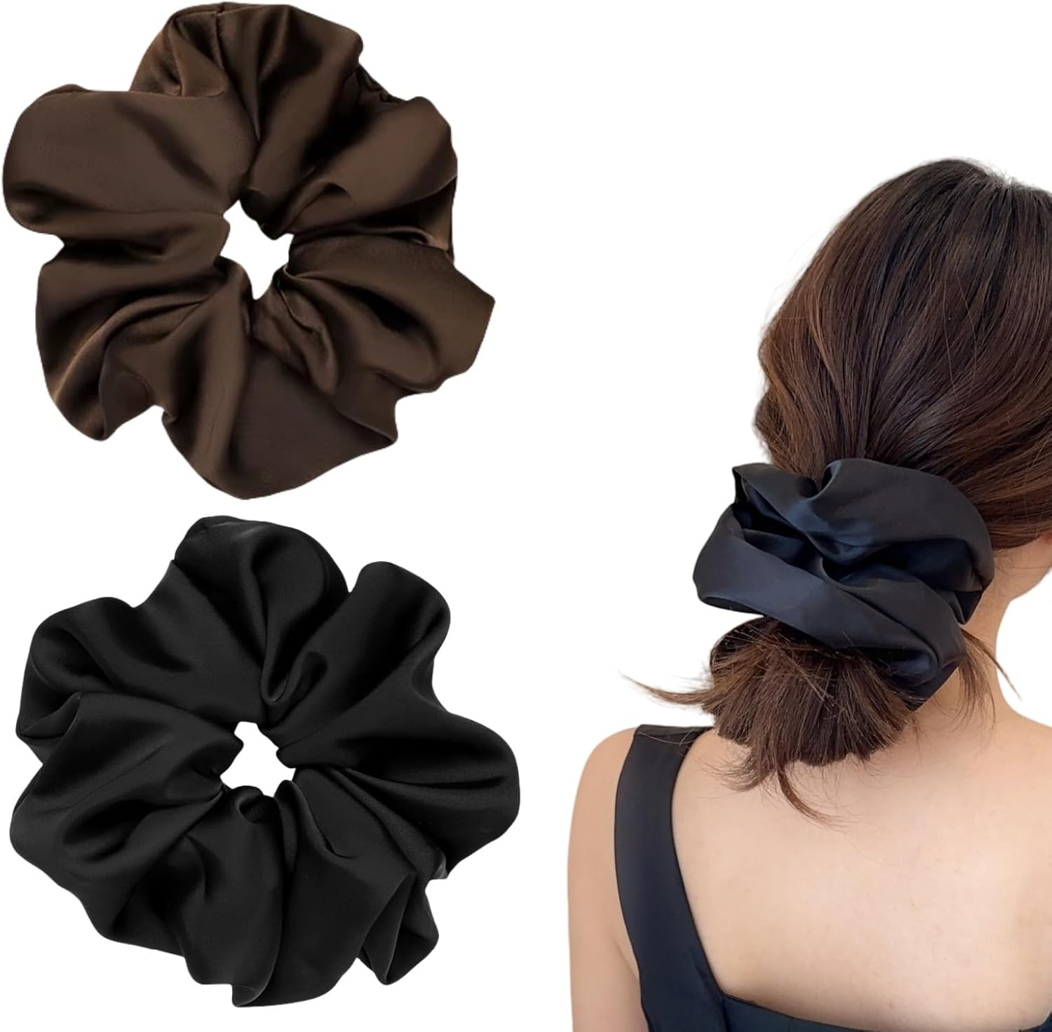 2 Pieces Jumbo Satin Silk Scrunchies for Women 7.5 Inches Large Oversize Scrunchies for Thick Hair Ties Hair Ornament (Black and Beige)