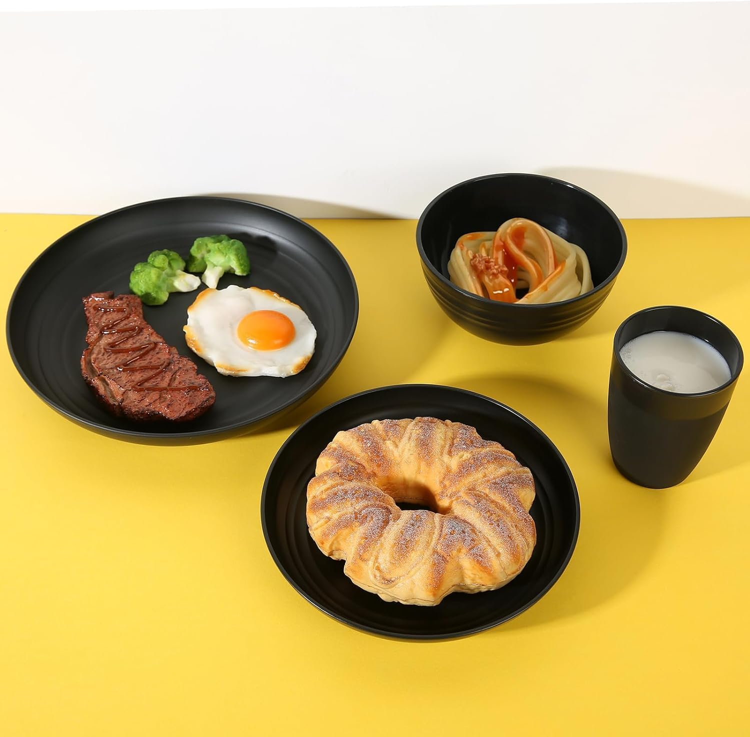 32Pcs Black Straw Dinnerware Set, Plastic Reusable Plates, Wheat Straw Plates and Bowls Set, Dish Set for 8, Microwave Safe image number 2