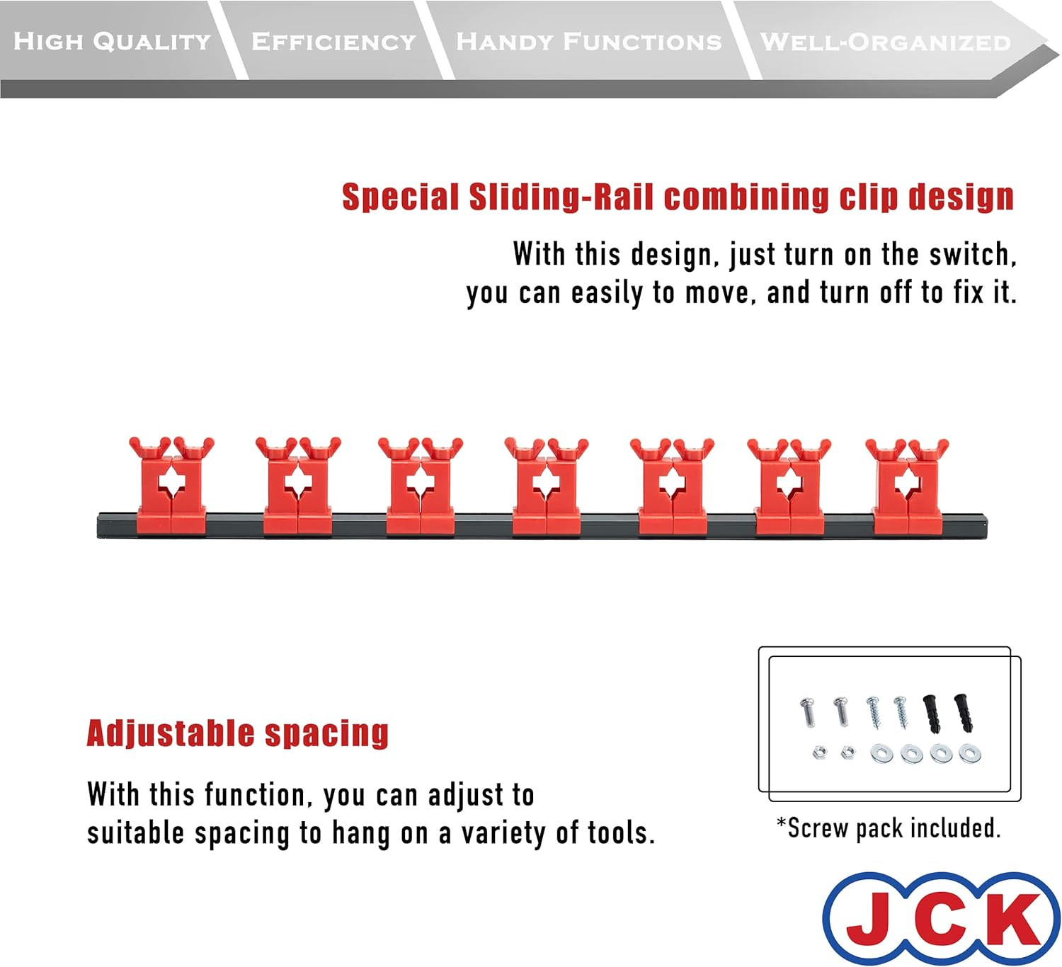 JCK Professional Quality Aluminum Multi-Purpose Tool Organizer Red Clips & Black Aluminum Rack Organize Various Tools, Such as Screwdrivers, Hammer, Rachets with Moveable Screw-Locking Secure Clips image number 3