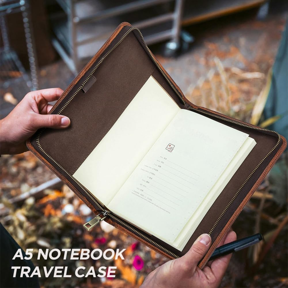 Contacts A5 Notepad Holder Full Grain Leather Portfolio for Work Legal Pad Padfolio Portable Notebook Folder with Zipper Closure and Handle image number 2