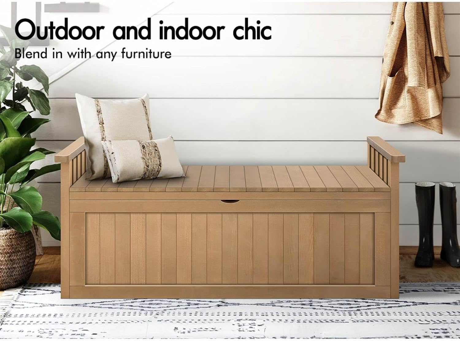 ALFORDSON Outdoor Wooden Bench Storage Box 200L Capacity, Durable Fir Wood Cabinet Garden Seatwith Tool Chest Toy Storages Container for Patio Garden Lawn Balcony, 320Kg Weight Capacity Natural Color