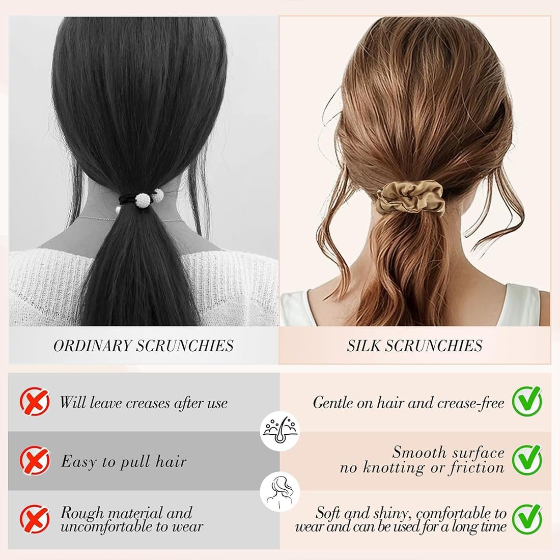 KIRZAX Pack of 6 Hair Bobbles Silk Scrunchies Satin for Women, Elastic Rubber Bands, Hair Band, Ponytail Holder, Silk Hair Band, for Women and Girls, 6 Colours