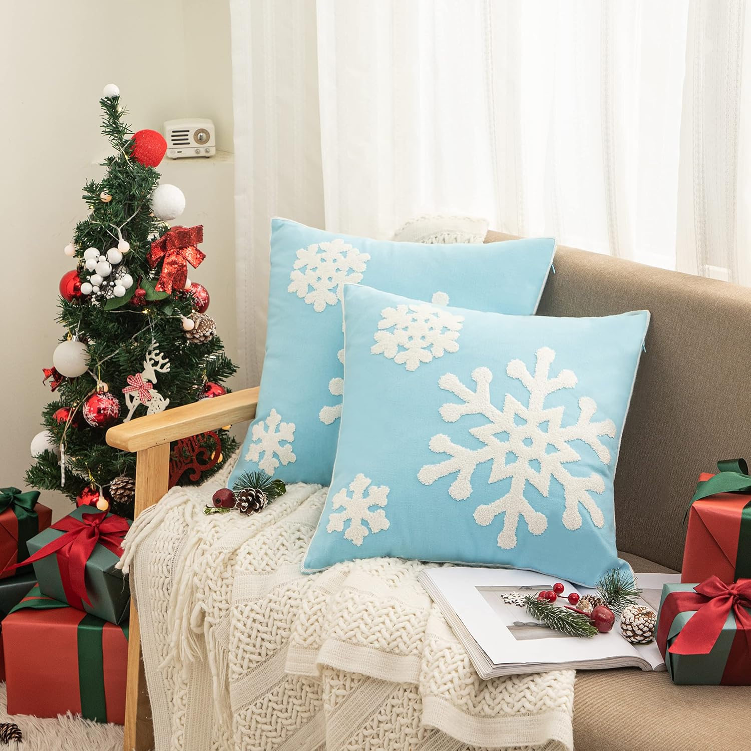 18X18,Cotton Christmas Blessing Throw Pillow Cover for Bed Sofa Cushion Car Snowflake Embroideried Pillowcases ,1Pair Blue