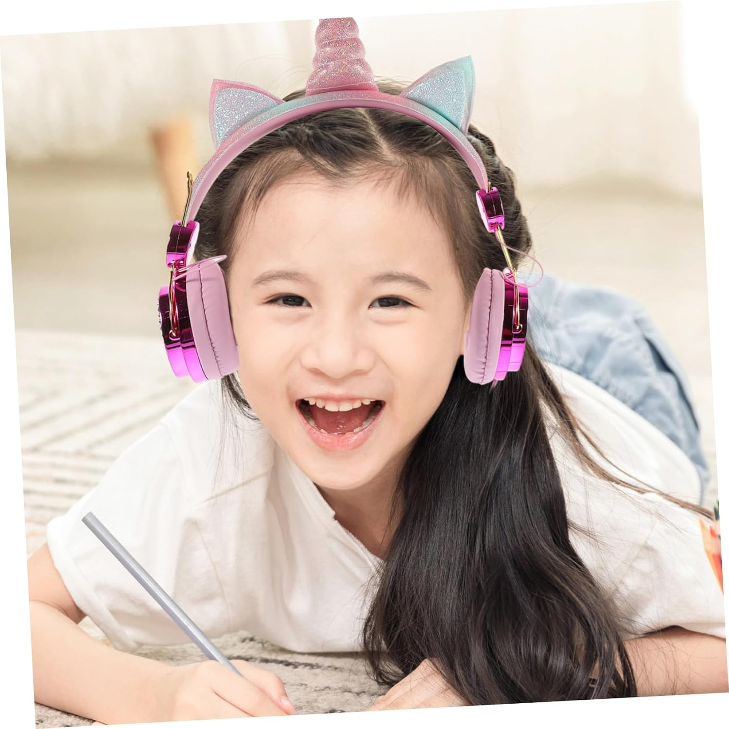 HOMSFOU Unicorn Headphones with Microphone for Travel and School Wired Headset with Plug Compatible with Smartphone Tablet Computer Cute Rhinestone Design for Boys image number 3