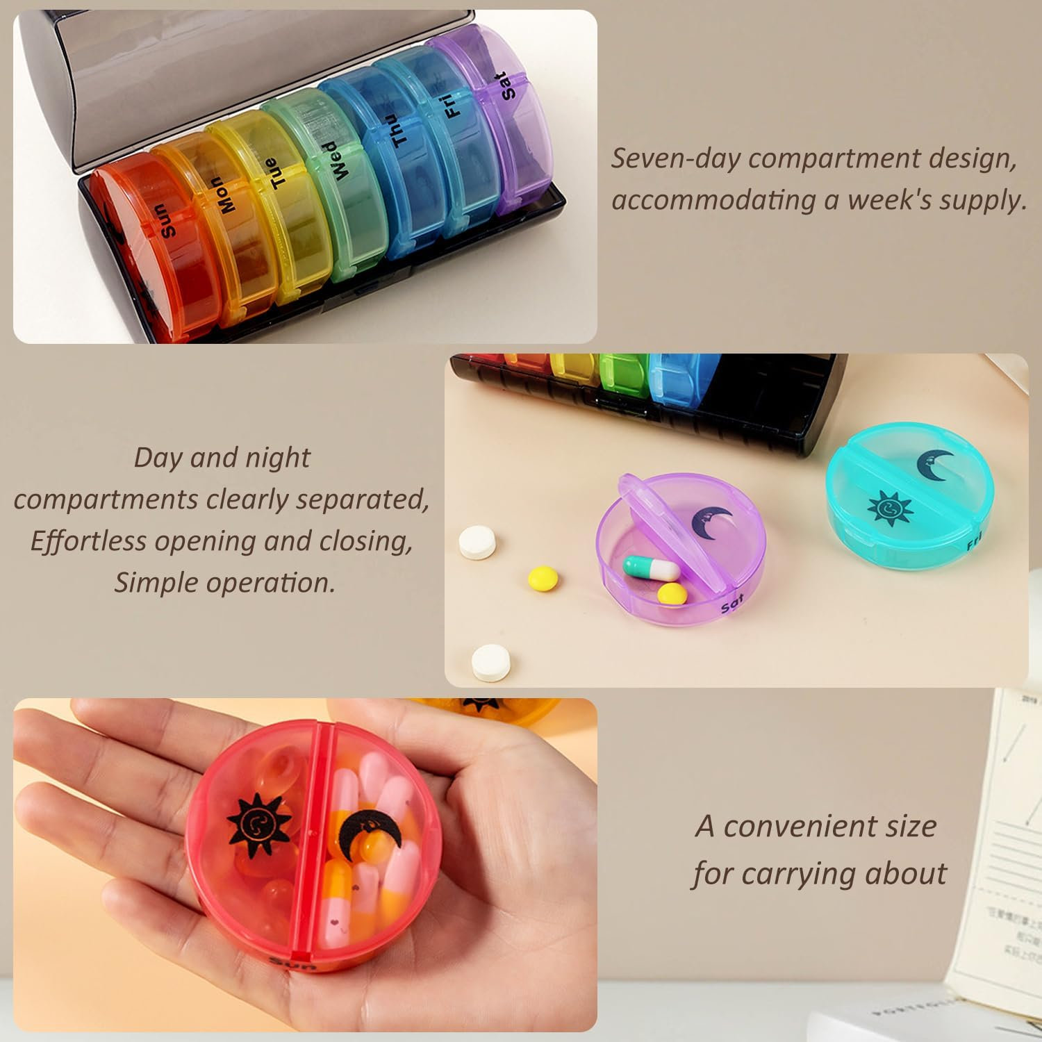 EKIND 7-Day AM PM Pill Organizer 14-Compartment Travel Medication Dispenser Moisture-Resistant Removable Daily Cases with Secure Snap Lids Black with Rainbow Tabs ﻿ image number 1