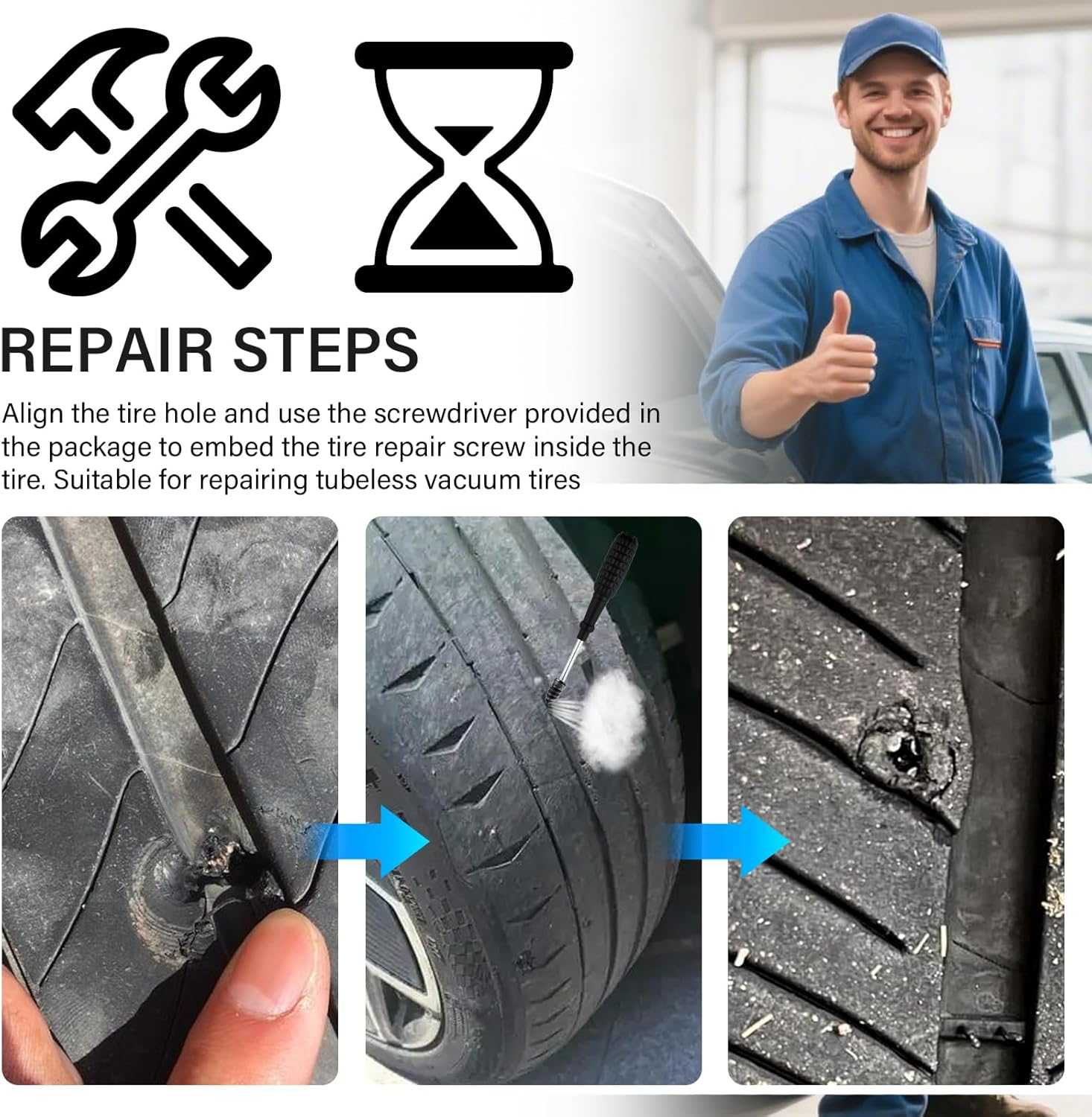 100PCS Tire Screw Plug Repair Kit,Self-Service Tire Repair Kit Includes 3 Sizes of Screw in Tires Plugs & Screwdriver for Quick Repairs,Professional Tires Repairs Rubber Nail image number 6