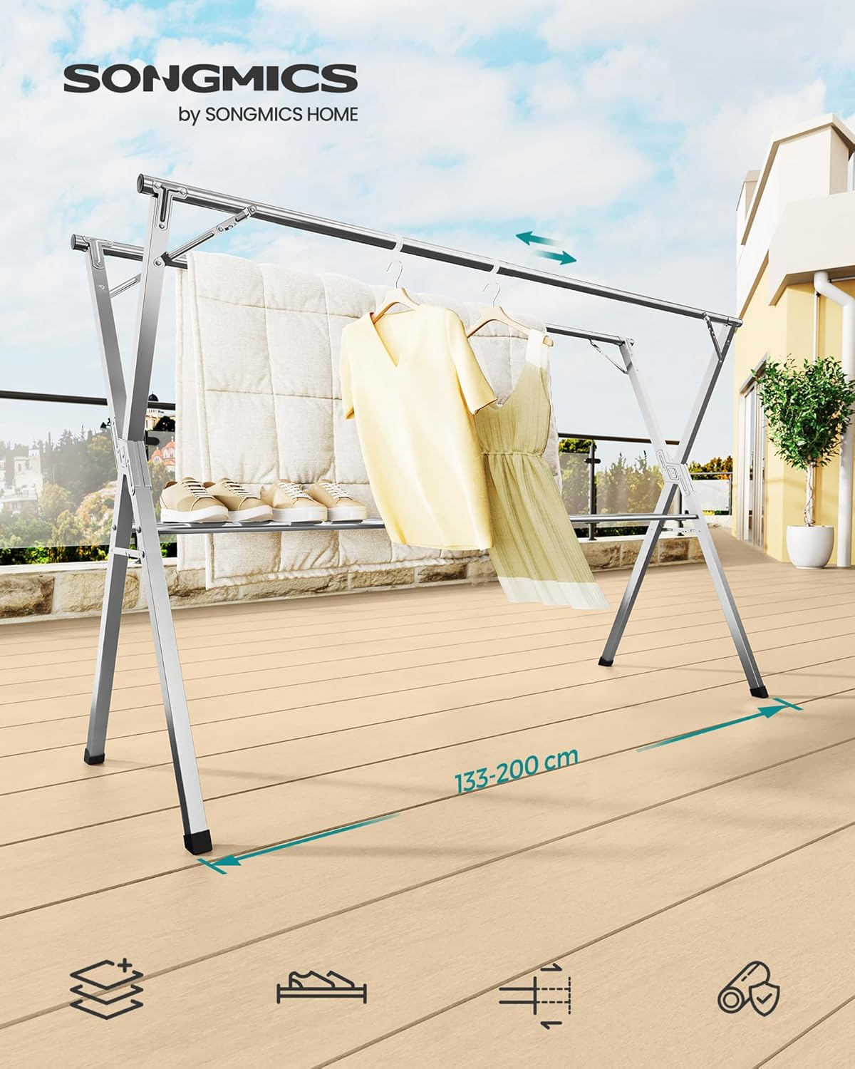 SONGMICS 133-200Cm Extendable Folding Freestanding Indoor Outdoor Clothes Airer Clothes Airer Dove Grey LLR902E01 image number 4