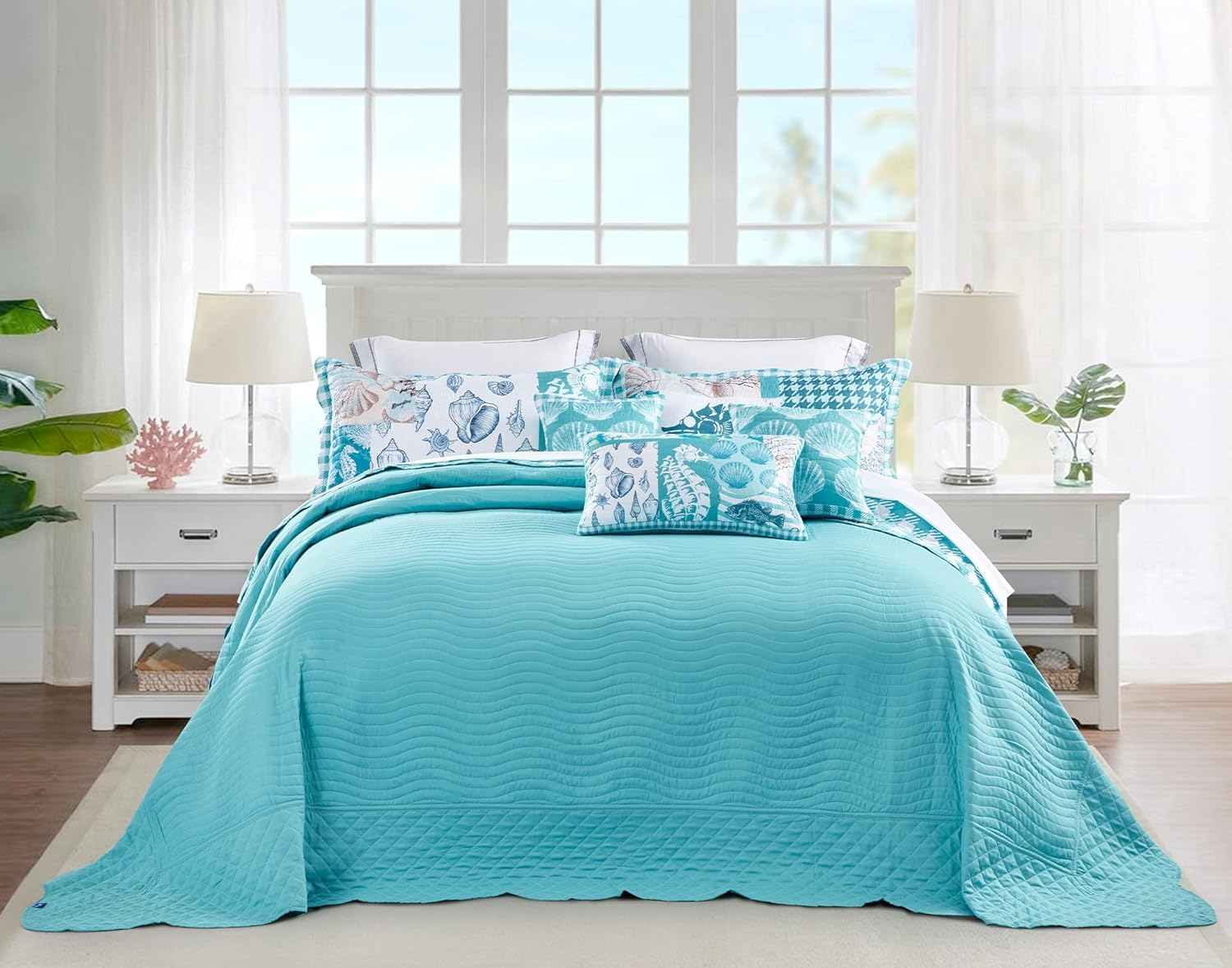 HZ & HY Coastal Oversized King Bedspread, Lightweight Beach Bedding Nautical Quilt, Real Stitching, Reversible, 6 Piece, 100% Microfiber, King/Cal King, Seahorse image number 4