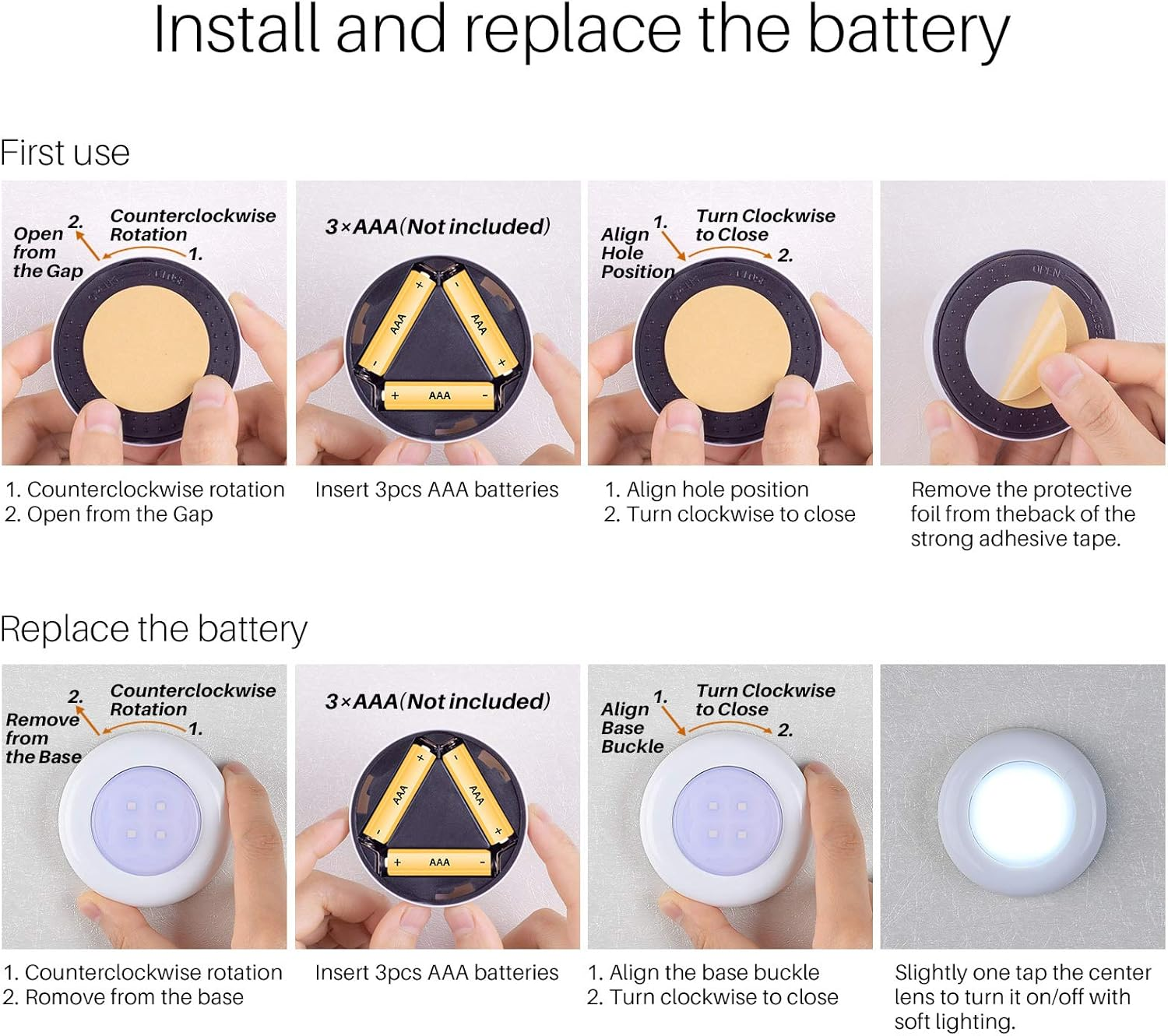 STAR-SPANGLED Push Tap Light, Mini Night Touch LED Puck Lamp, Portable under Cabinet Lighting AAA Battery Operated Powered, DIY Stick on Lights for Closet, Counter, Kitchen (7Cm, Cool White, 5 Pack) image number 6