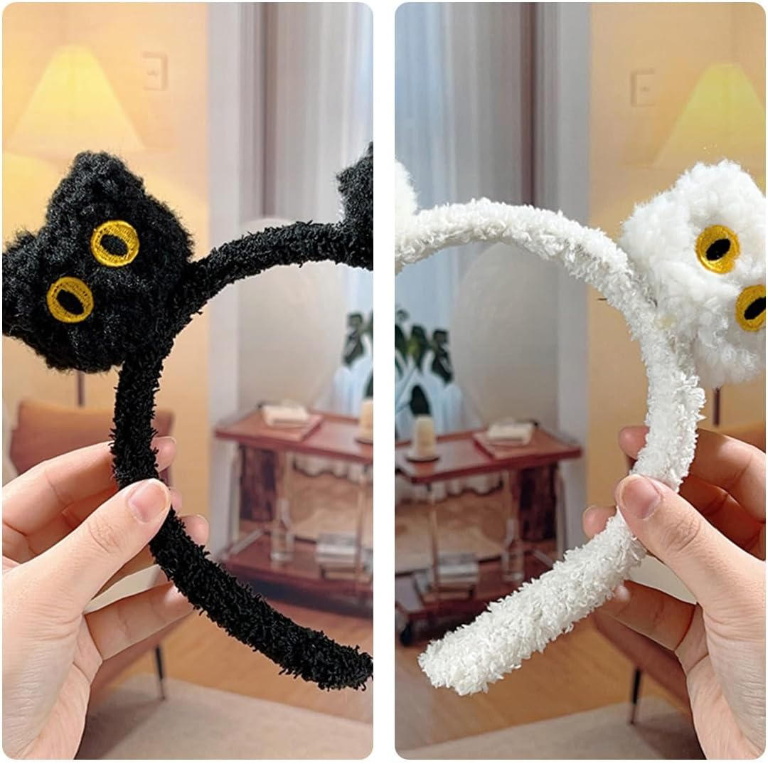 2Pcs Face Wash Headband Spa Hair Bands Black Cat and White Cat Make up Women Cartoon Cute Coral Fleece Hair Accessories for Washing Shower Sports Beauty Skin Care