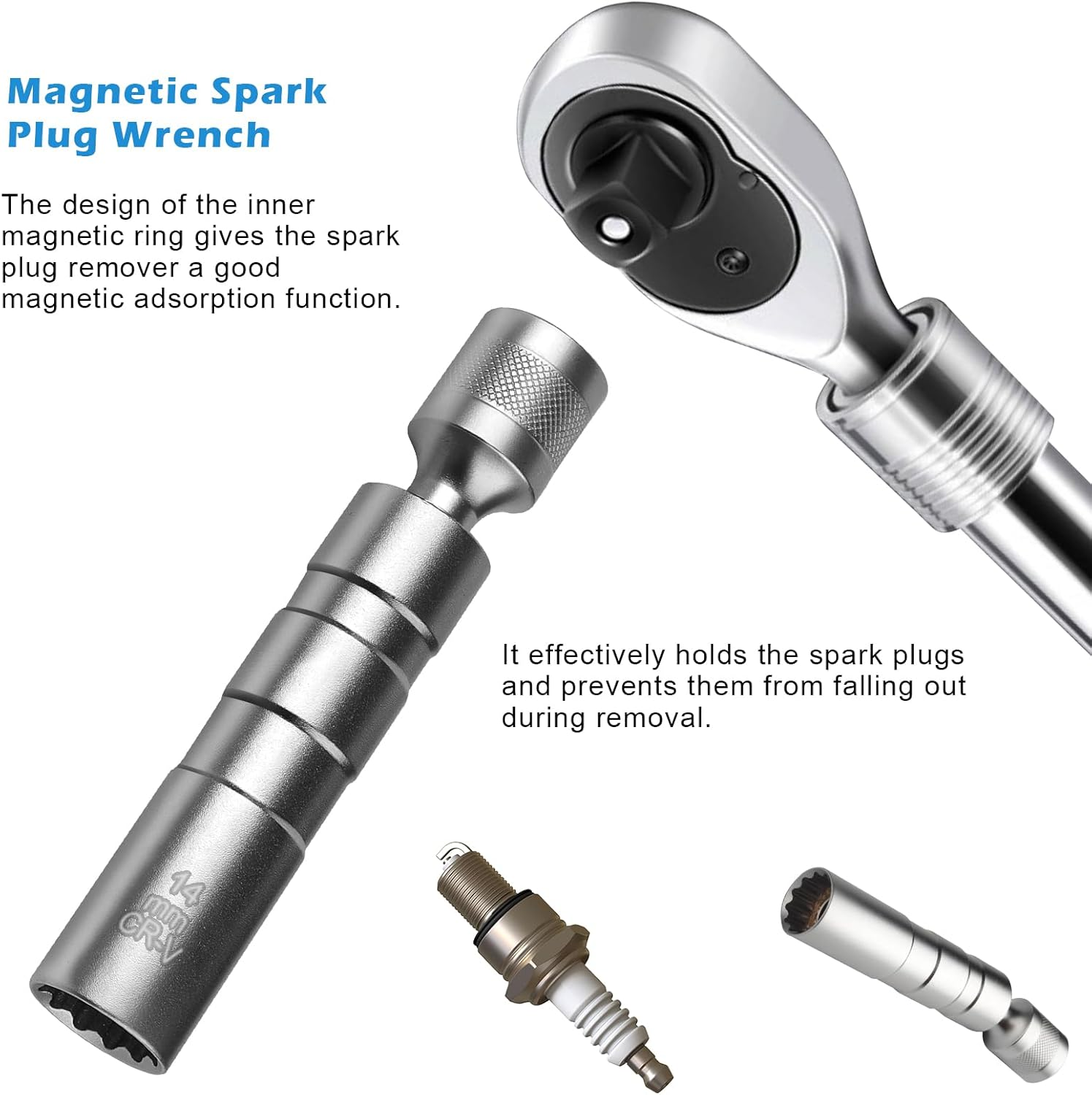 2PCS Spark Plug Socket 16Mm and 14Mm, Magnetic Universal Spark Plug Socket with Long Handle, 360&deg; Swivel Rotating 3/8" Drive Spark Plug Wrench Tools for Removal Repair Motorcycles, Cars image number 3