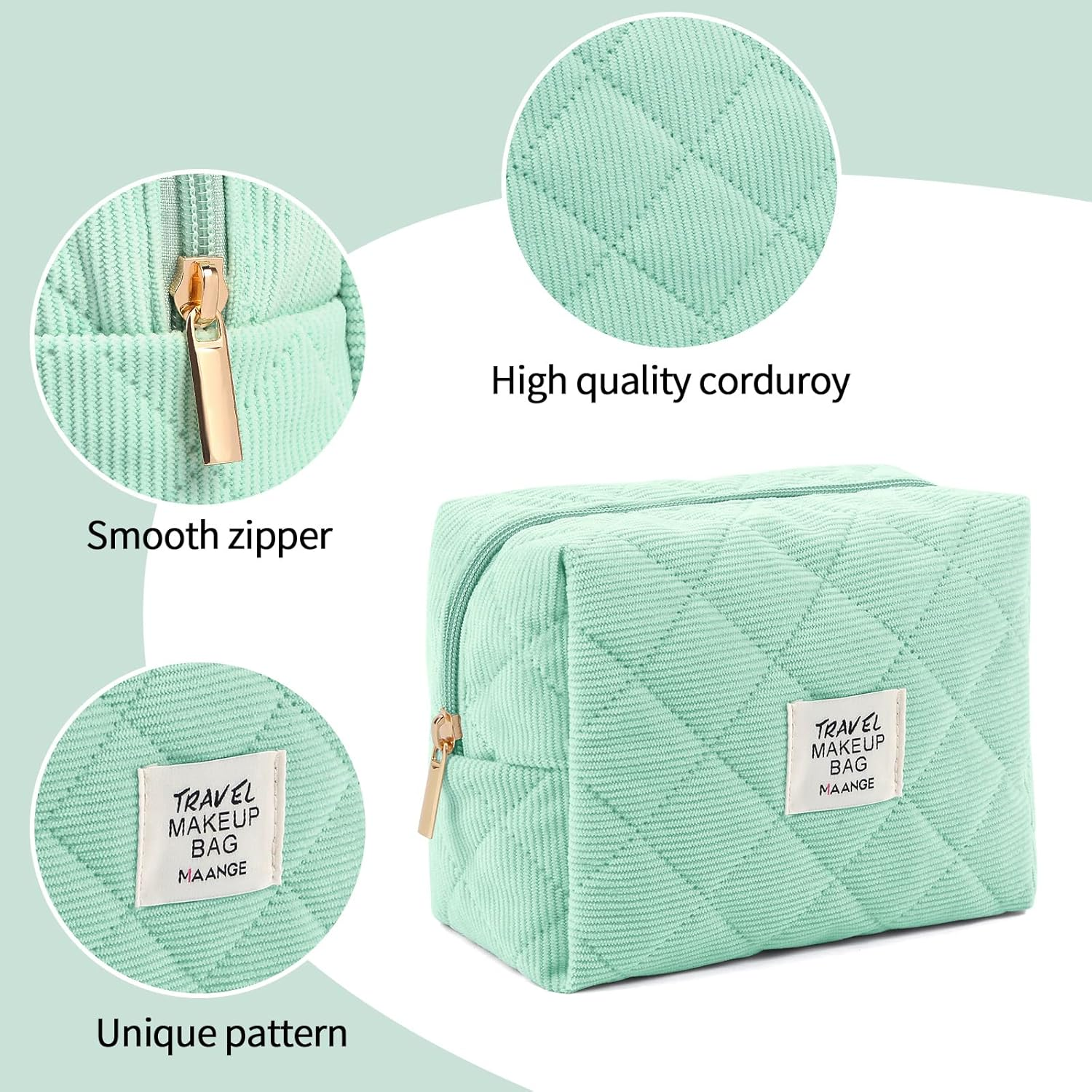MAANGE 2Pcs Small Makeup Bag, Cosmetic Bags for Purse Corduroy Pouch Cute Bag with Zipper Mini Make up Women, 1-Green,(Yl-Mag0283G-Us) image number 4