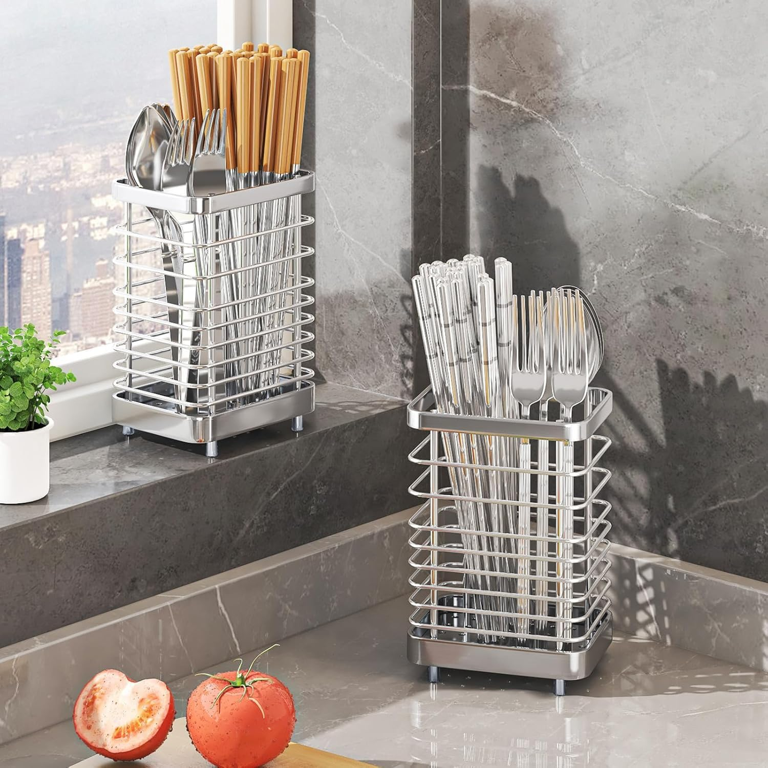 QYINXIU Utensil Holder Kitchen Countertop Organizer, Cutlery Drainer Sink Caddy Storage Drying Rack for Silverware Flatware and Cookware, Stainless Steel (Sliver)
