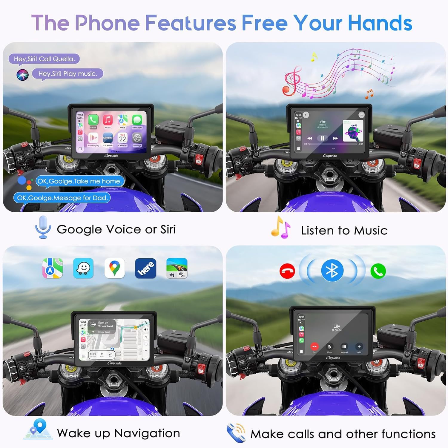 Carpuride W502TPRO for Motorcycle Carplay& Android Auto& TPMS& Dual Bluetooth - 5" Waterproof GPS Navigation Screen for Motorbike, Music Sharing, Intercom, EQ, Light Sensor, Compass, Barometer