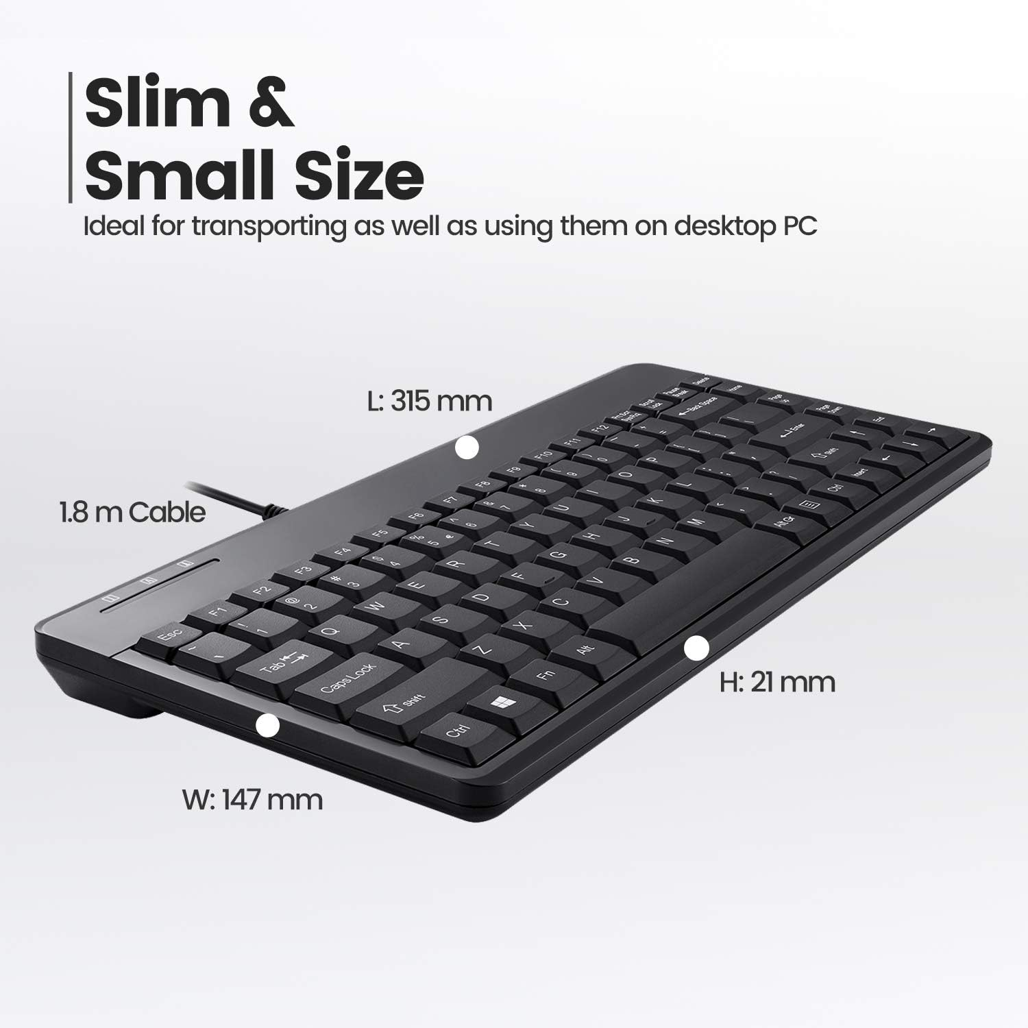 Perixx PERIBOARD-409H Wired USB Mini Keyboard with 2 USB Hubs, Black, US English Layout image number 2