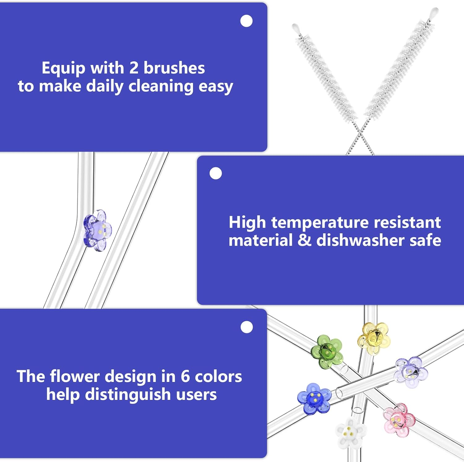 Bigqin 6 Pcs Glass Straws Reusable, Cute Clear Flower Drinking Straws with 2 Cleaning Brushes, Food Grade Reusable Straws Dishwasher Safe for Drinking Smoothies, Juices, Shakes, Cocktails image number 1