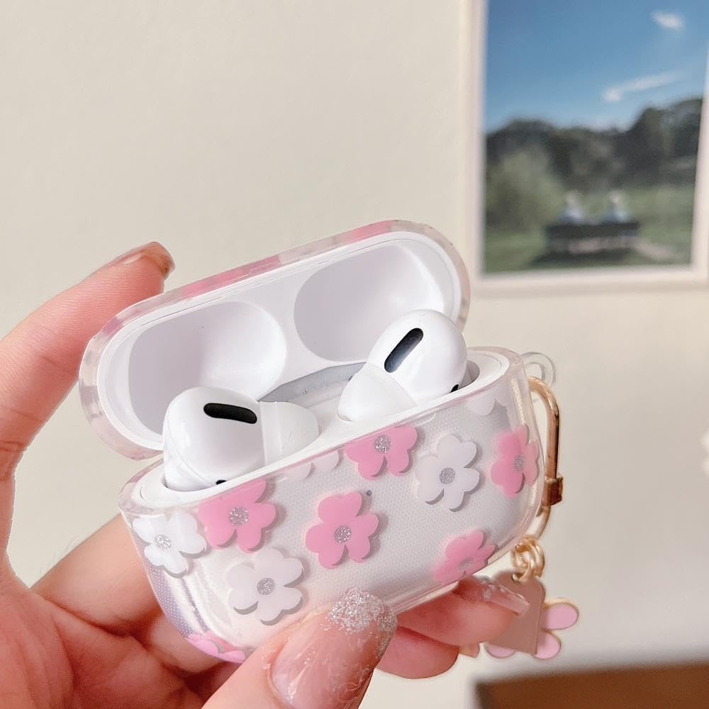 Compatible with Airpods 4 Clear Case,Cute Cartoon Flower Pattern Design with Floral Keychain, Soft TPU Protective Shockproof Case for Airpod 4 for Girls Women-Pink image number 1