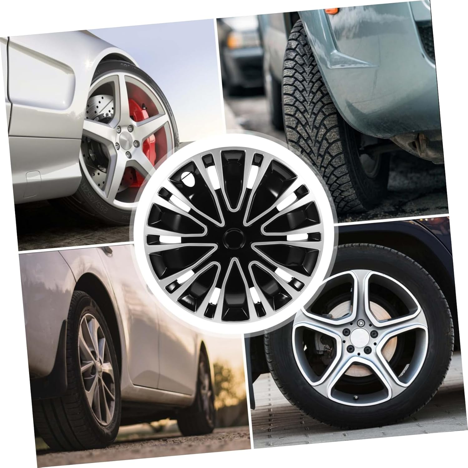 FUNOMOCYA 15-Inch Universal Car Hub Cap Decorative Wheel Hub Cover Silver Black Automotive Vehicle Wheel Caps Replacement image number 4