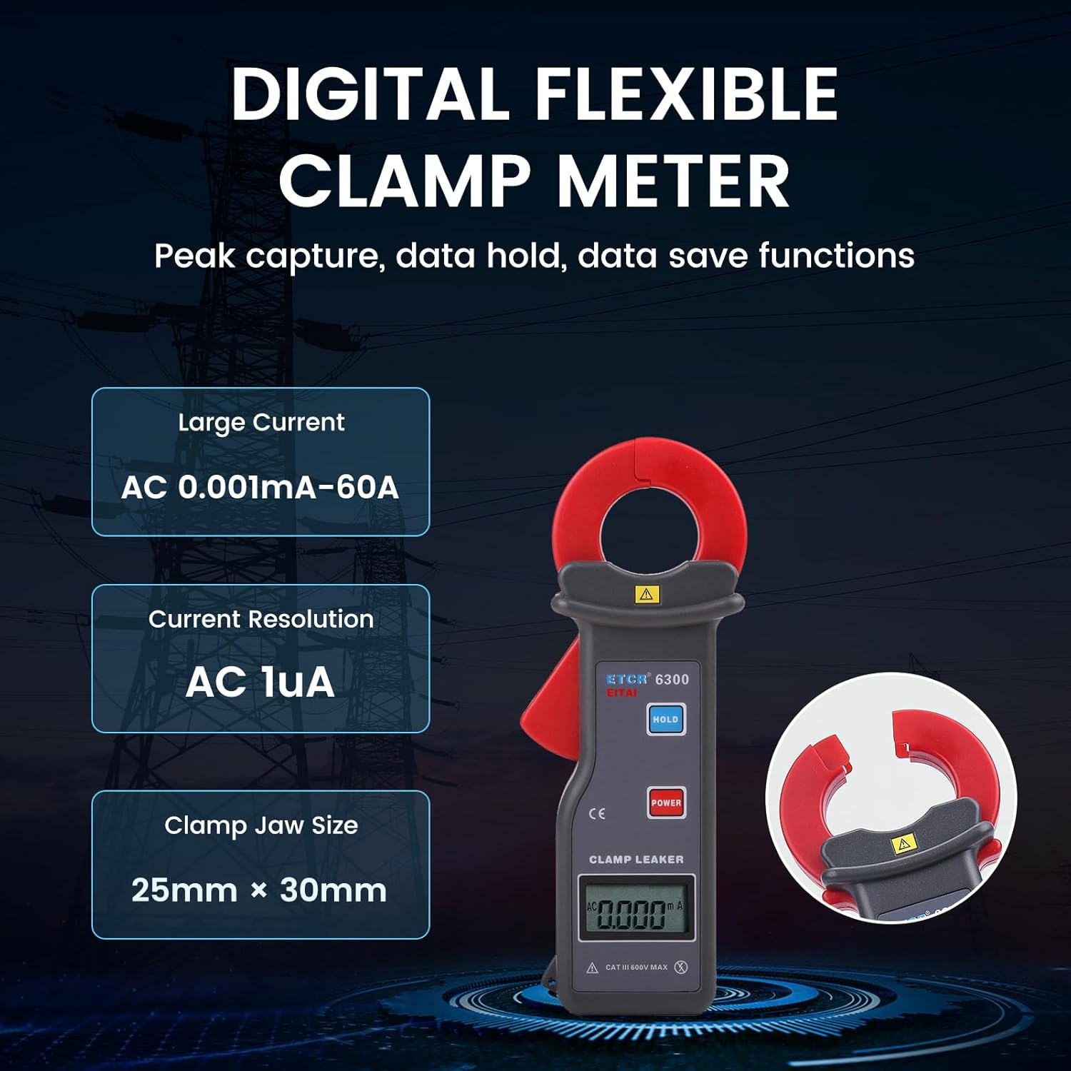 EITAI-ETCR6300 Digital Leakage Current Clamp Meter, 1Ua Resolution, 0.001Ma-60A, &Phi;1.2Inch/30Mm, Manufacturer Direct Sales, High Precision Amp Clamp Meter, High Accuracy image number 4