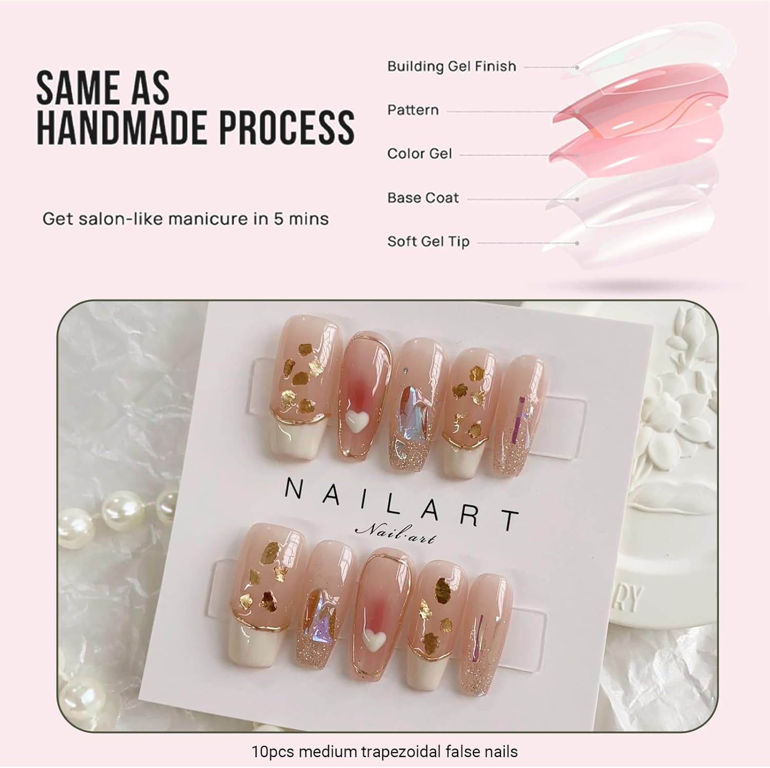 JOWILIN Press on Nails Set, 10 Pcs French Tip Exquisite Handmade Fake Nails with Ultra-Adhesive Jelly Glue and Nails Kit, Long-Lasting over Two Week, Reusable False Nails for Women, Girls (Pink) - Ink image number 3