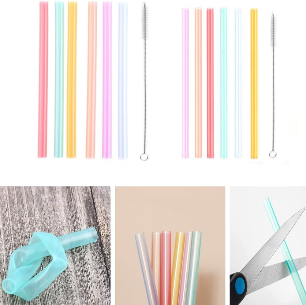 12 PCS Reusable Silicone Straws with 2 PCS Cleaning Brushes, 9 Inches Long 8Mm/6Mm Wide Reusable Fat Silicone Straw for Kids Long Straws for Smoothie Milkshake Cocktail Hot Drinks image number 5