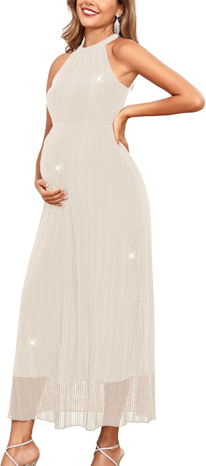 Maternity Sparkly Mesh Dress Halter Neck Sleeveless a Line Pregnancy Dresses Semi Formal Baby Shower Photoshoot image number 4