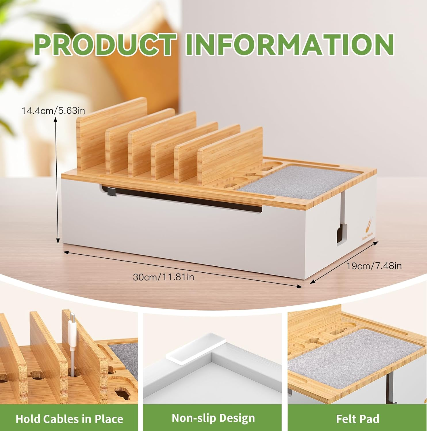 Pezin & Hulin Bamboo Charging Station for Multiple Devices, USB Charger Dock Organizer, with Power Supply (10 Ports HUB), 6 Cables, Cable Management Organizer for Cell Phones, Tablets -Natural+White image number 3