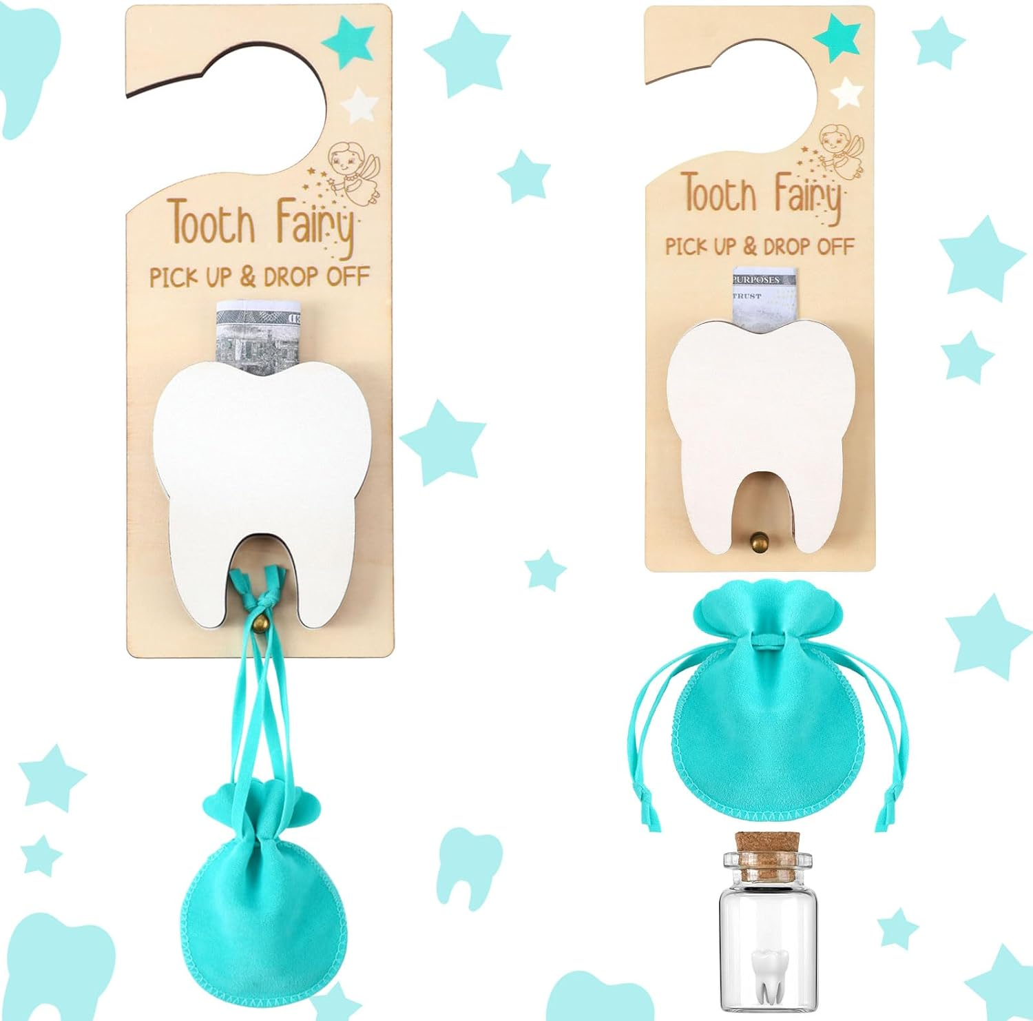 Doublefill Tooth Fairy Holder Bag Hanger with Money Slot Keepsake Bottle Velvet Pouch Tooth Fairy Box Encourage Gift for Lost Teeth Boy Girl Milk(Classic,Lake Blue)