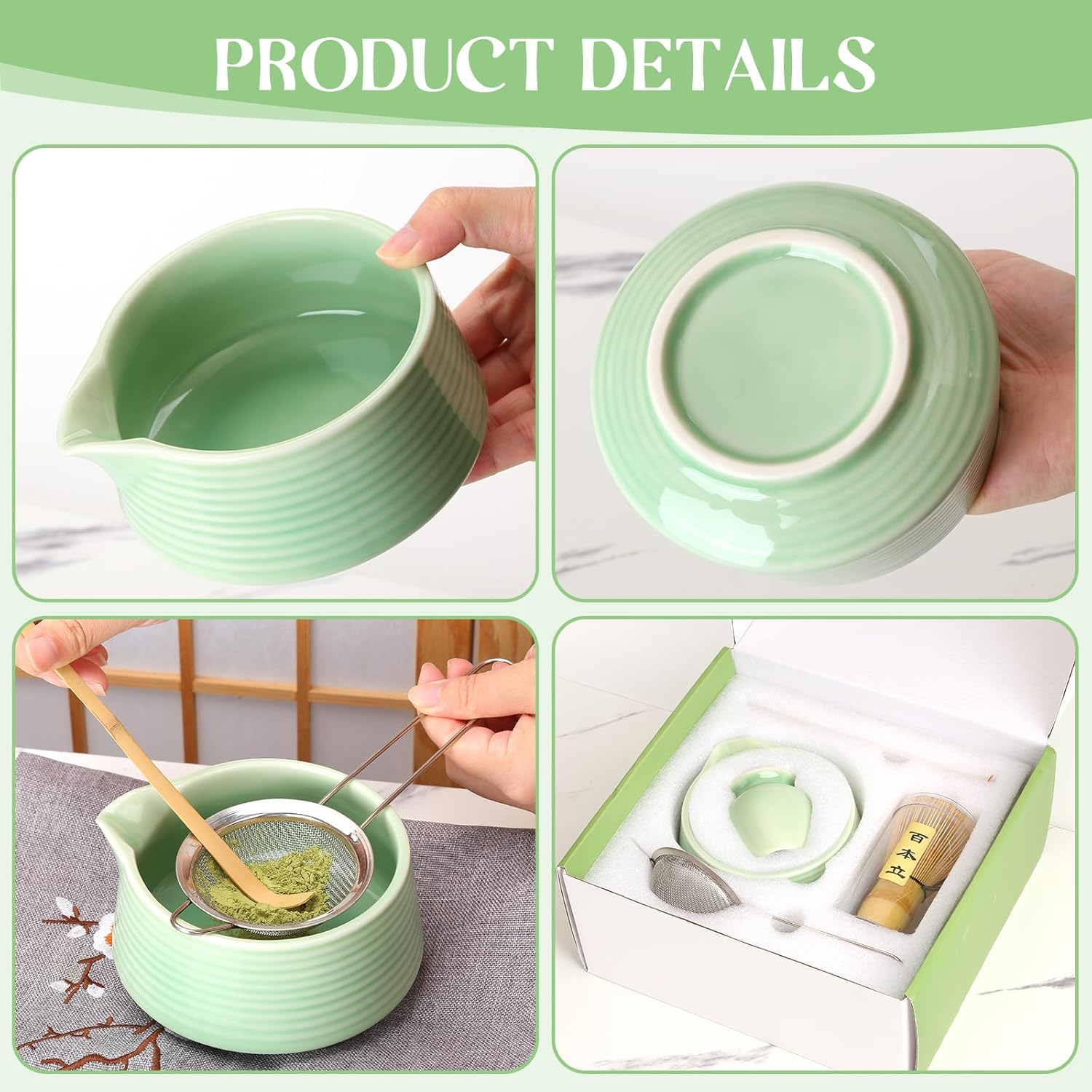Matcha Whisk Set, Matcha Bowl with Spout, Matcha Whisk and Holder, Bamboo Matcha Scoop and Stainless Sifter - 5 Pcs Jade Green Matcha Kit for Matcha Lover image number 2