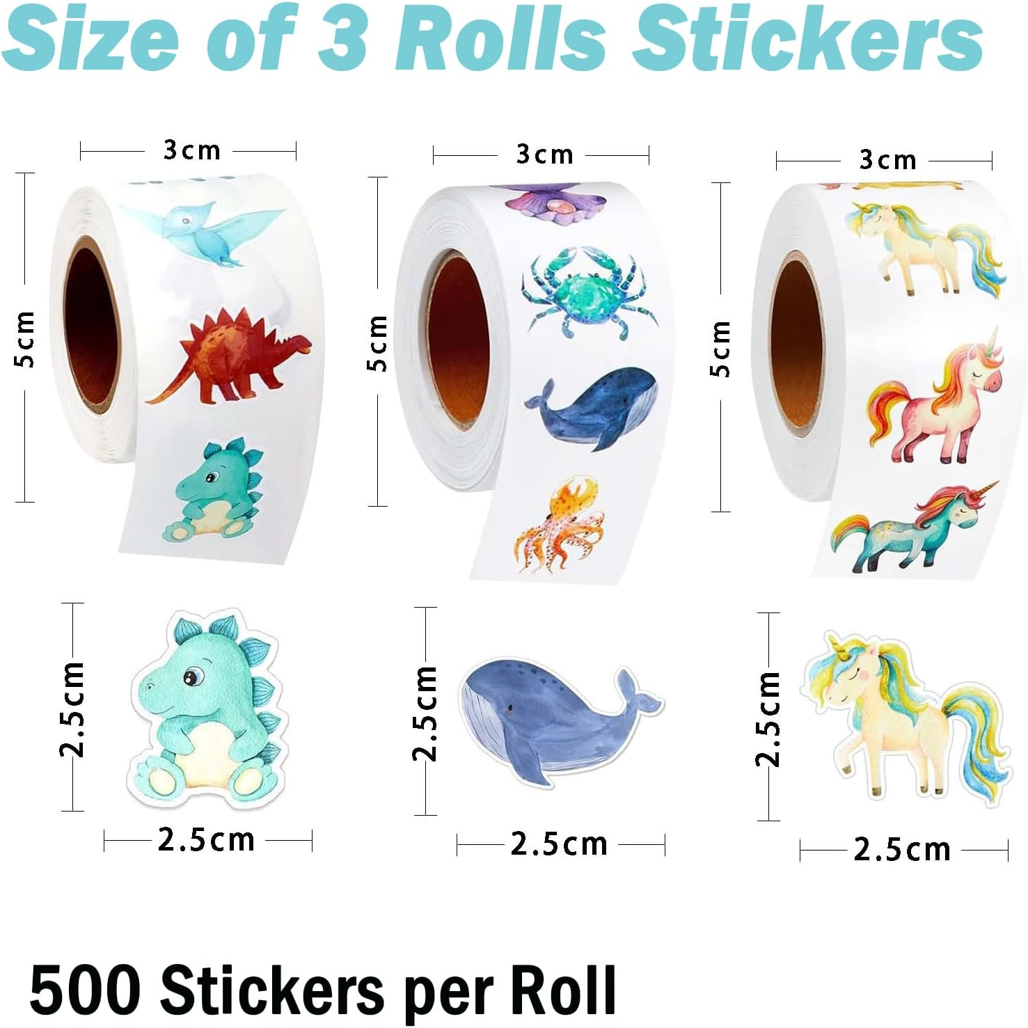 1500Pcs(3 Rolls 2.5Cm/1Inch) Reward Stickers Animal Stickers Unicorn Dinosaur Ocean Animal Stickers Cartoon Teacher Reward Stickers for Kids Party Decoration Children Classroom Nursery School Supplies image number 4